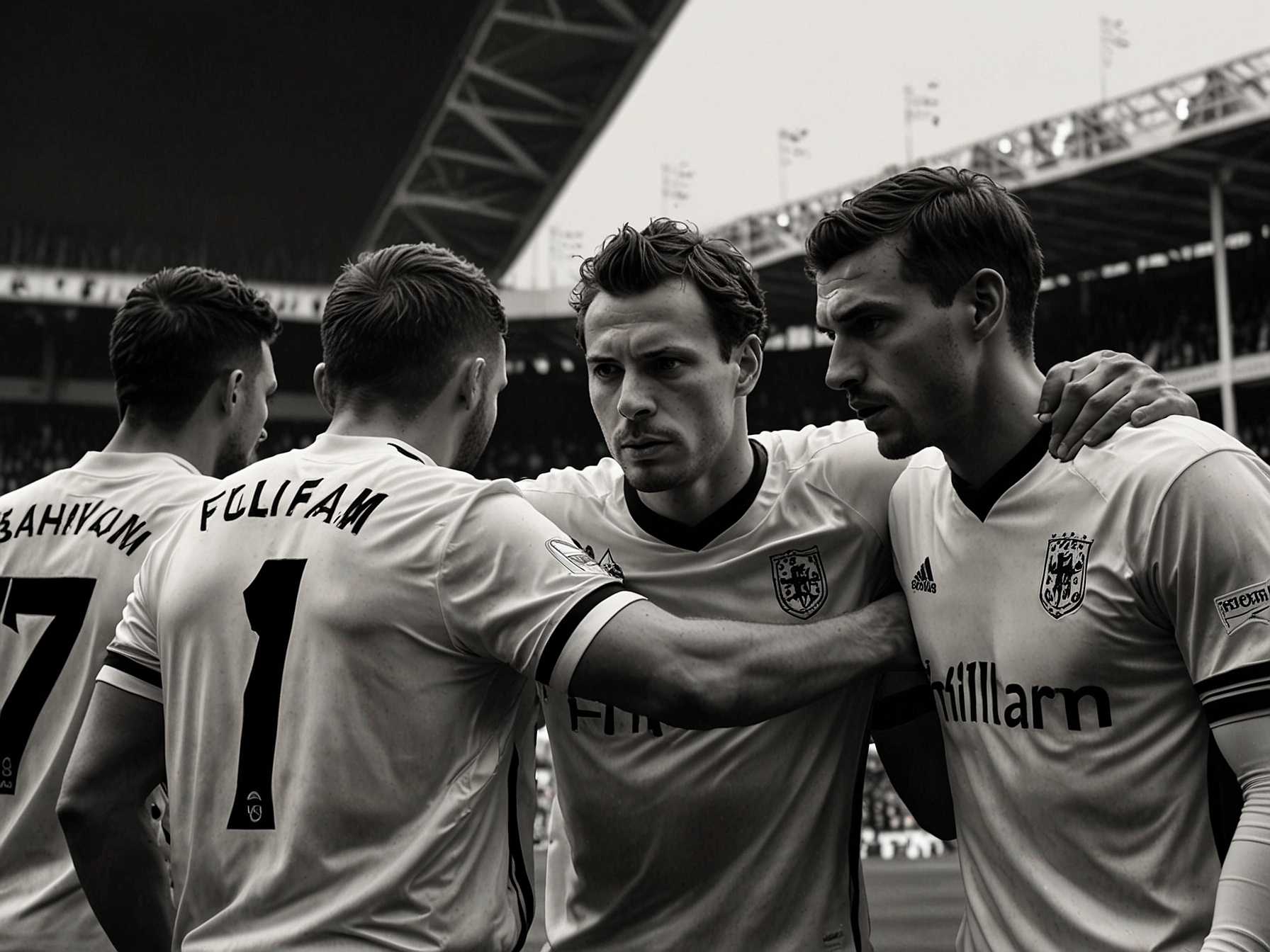 A close-up of Fulham players huddled together, strategizing and preparing for kickoff, showcasing their determination to dominate the local rivals.