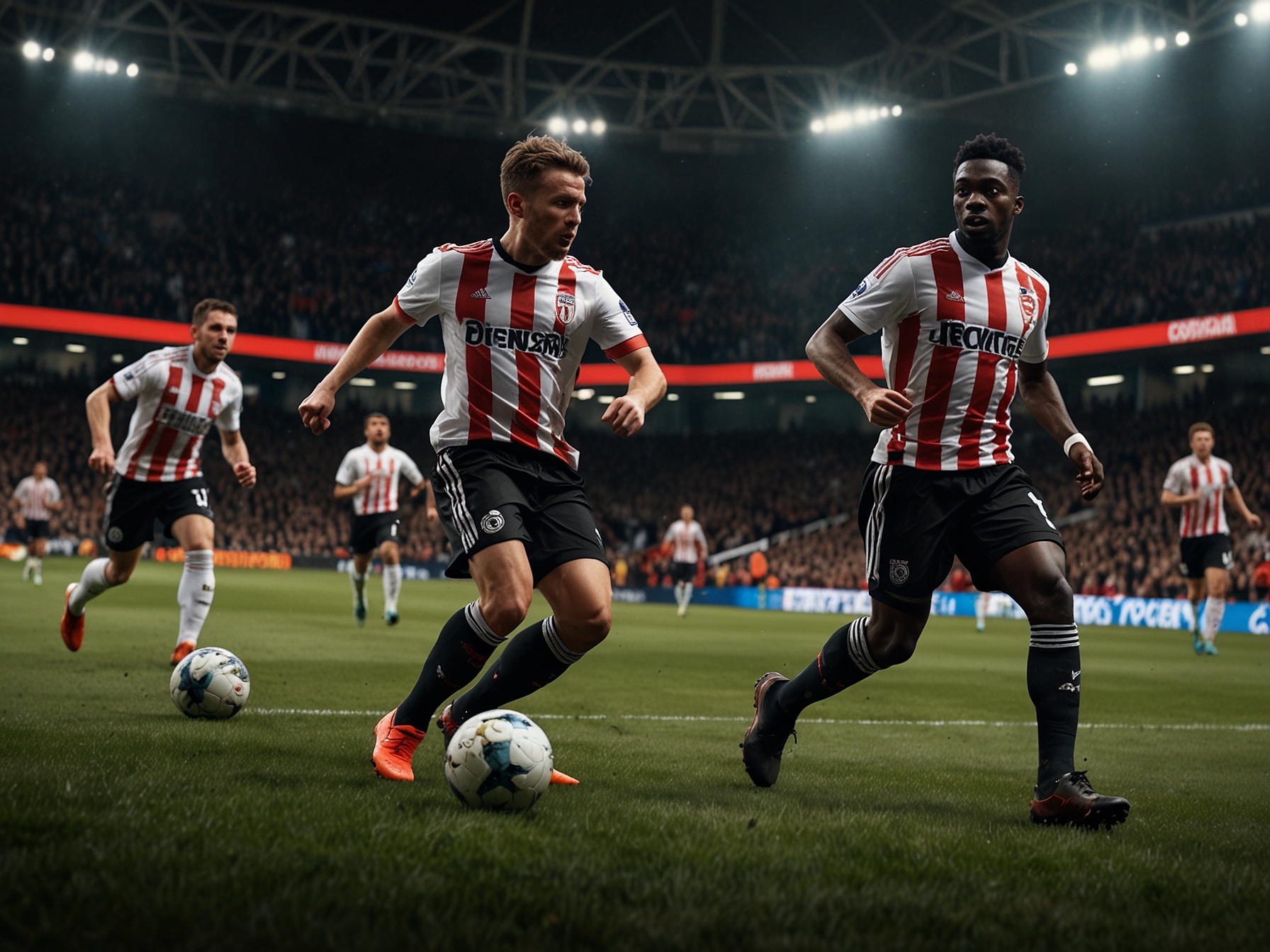 Brentford players executing a strategic counterattack, displaying their tactical awareness and swift movements on the ball amidst the tense matchup.