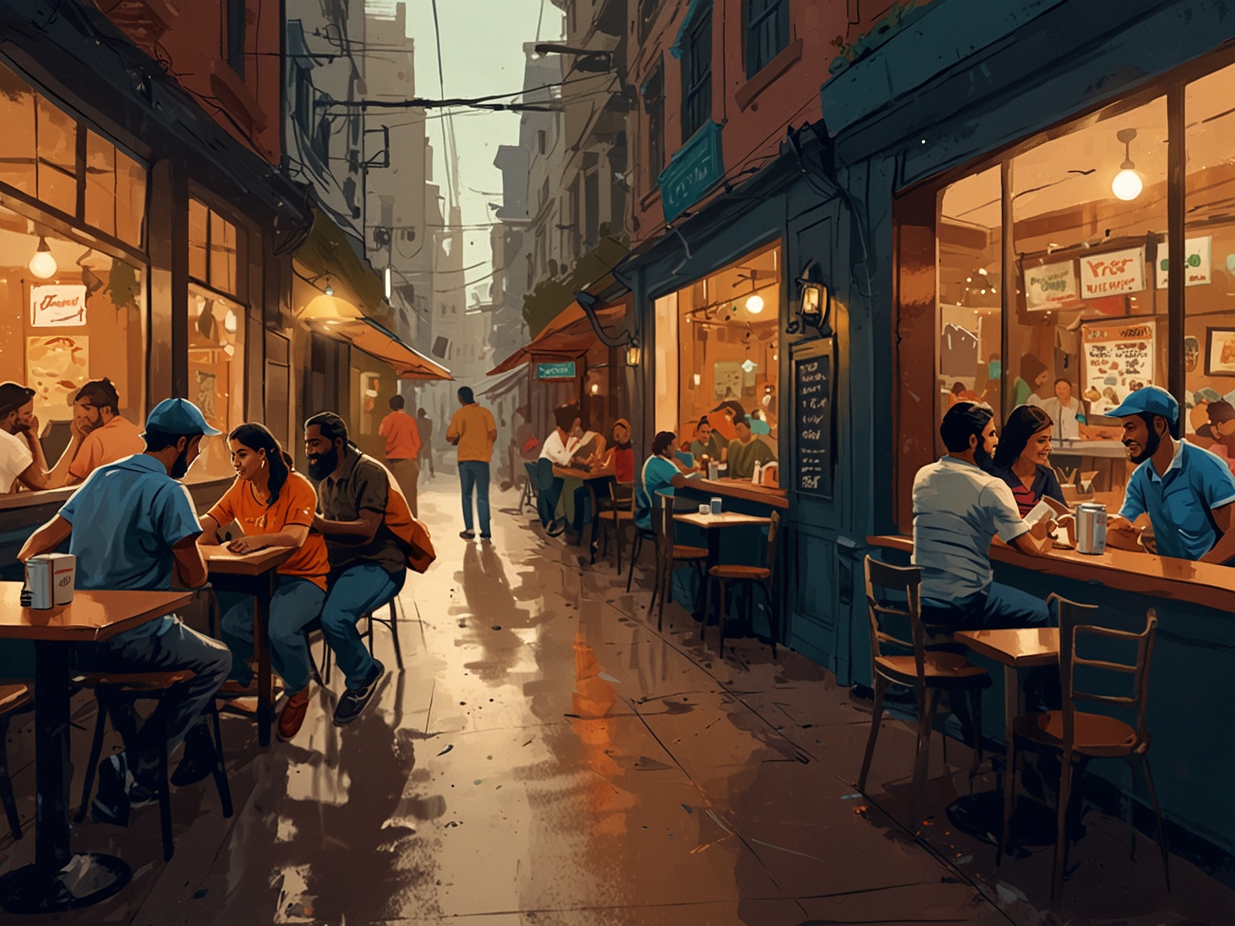 A bustling local restaurant with delivery riders from Swiggy picking up orders, emphasizing the impact of food delivery services on local businesses.
