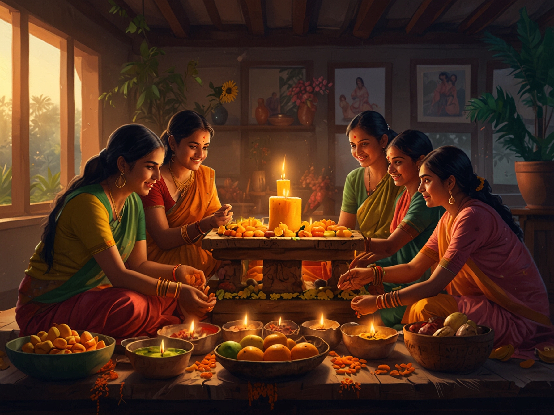 Families gathered around a beautifully decorated altar, preparing offerings of fruits and sweets for the Chhath Puja celebrations, showcasing community spirit and togetherness.