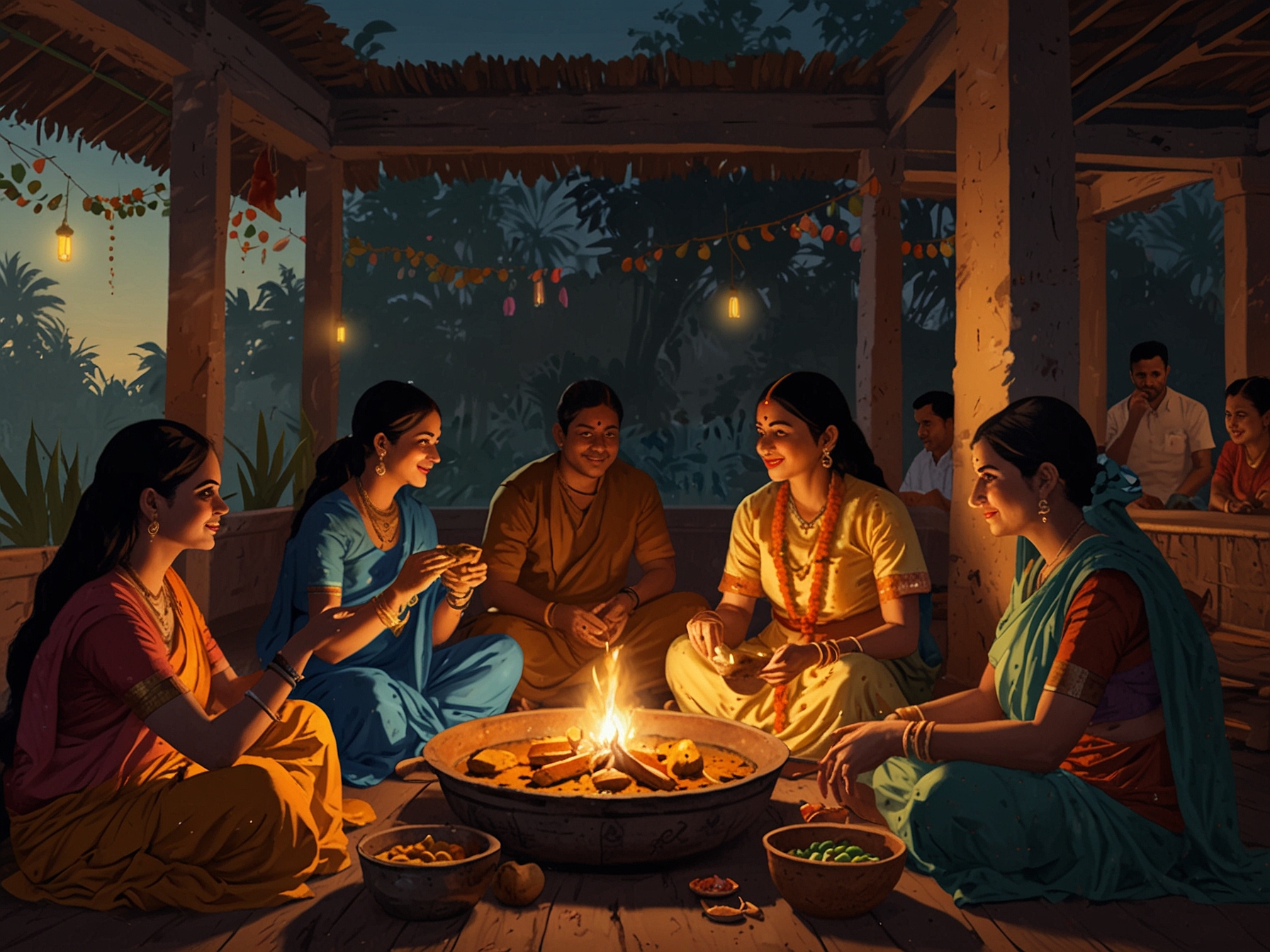A festive gathering of friends and family sharing traditional meals, embodying the joy and connection that Chhath Puja fosters among loved ones.