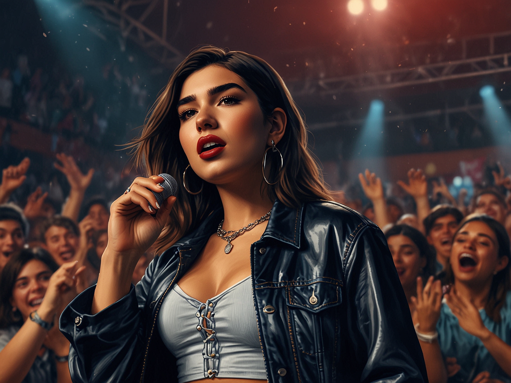 Dua Lipa passionately performing her hit song 'Don't Start Now', with an energetic crowd focused on her every move, capturing the essence of live music.