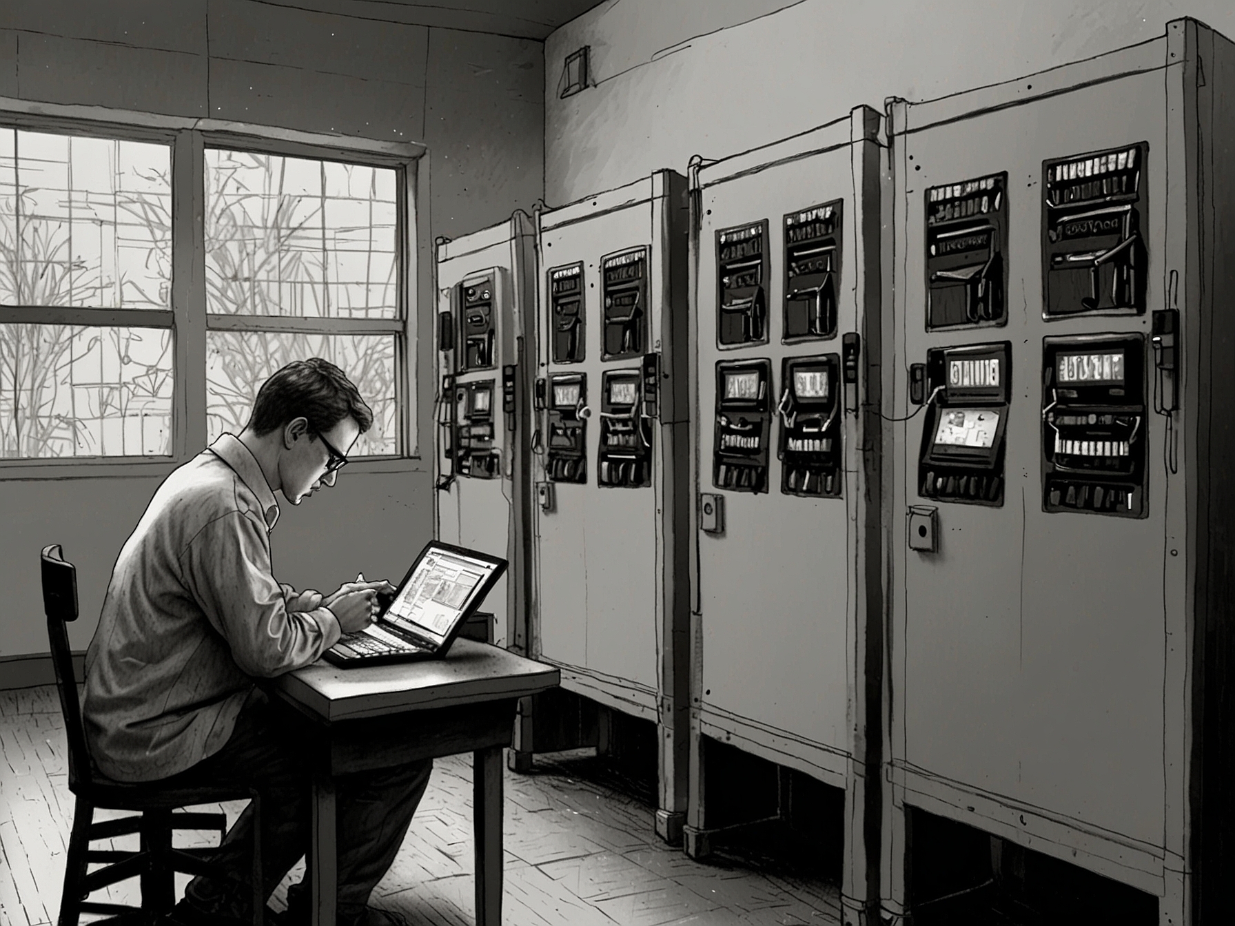 A technician working on a voting machine, illustrating the technological aspects of modern elections and the cybersecurity challenges they face.