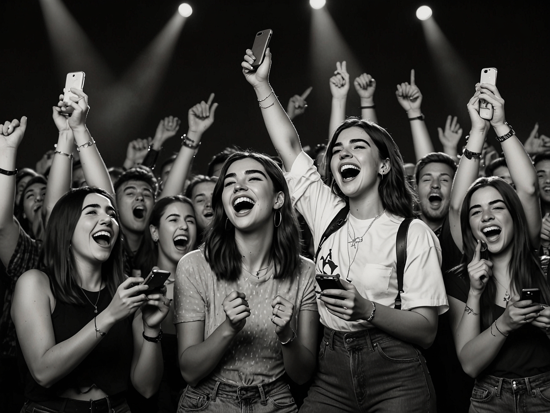 Fans eagerly expressing their excitement during the show, holding up their phones to capture moments of Dua Lipa's exhilarating performance.