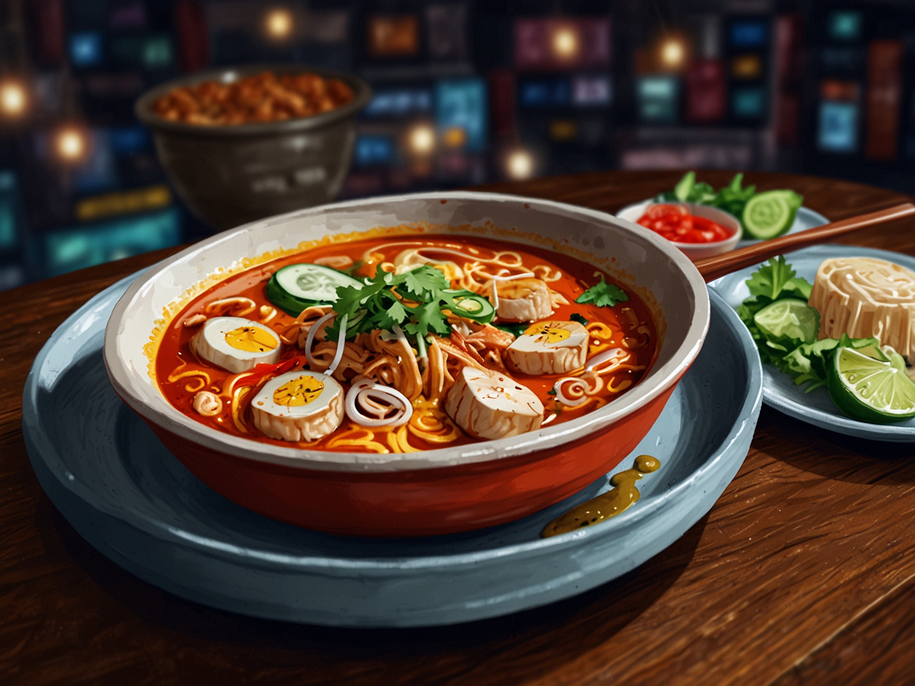 A delicious plate of Katong Laksa, featuring vibrant colors and textures, highlighting the local cuisine that fans enjoyed during their concert experience.