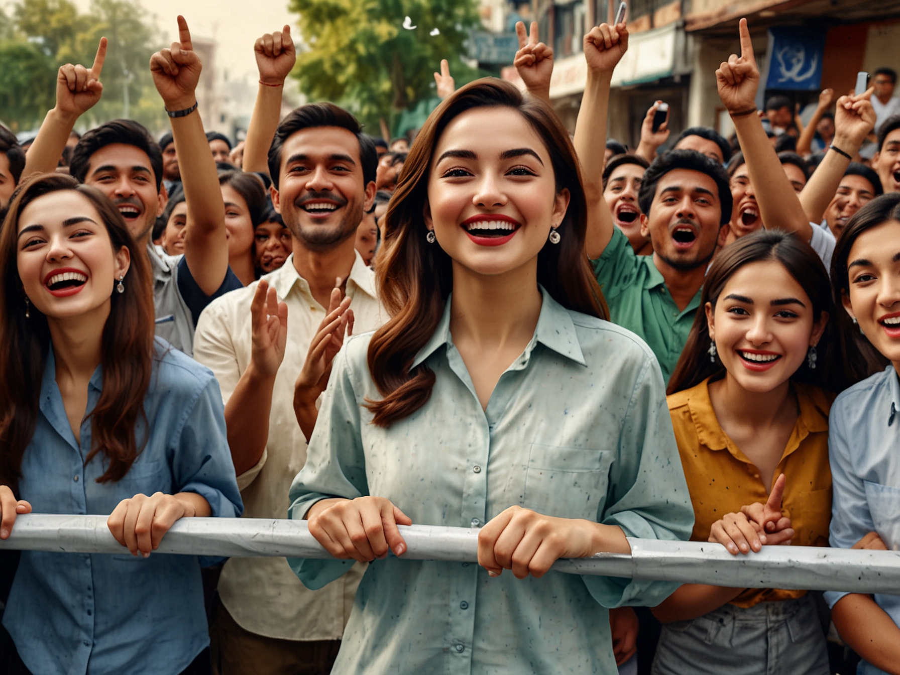 Fans cheering for Hania Aamir at a promotional event, illustrating her widespread popularity and connection with the audience in the Pakistani entertainment scene.