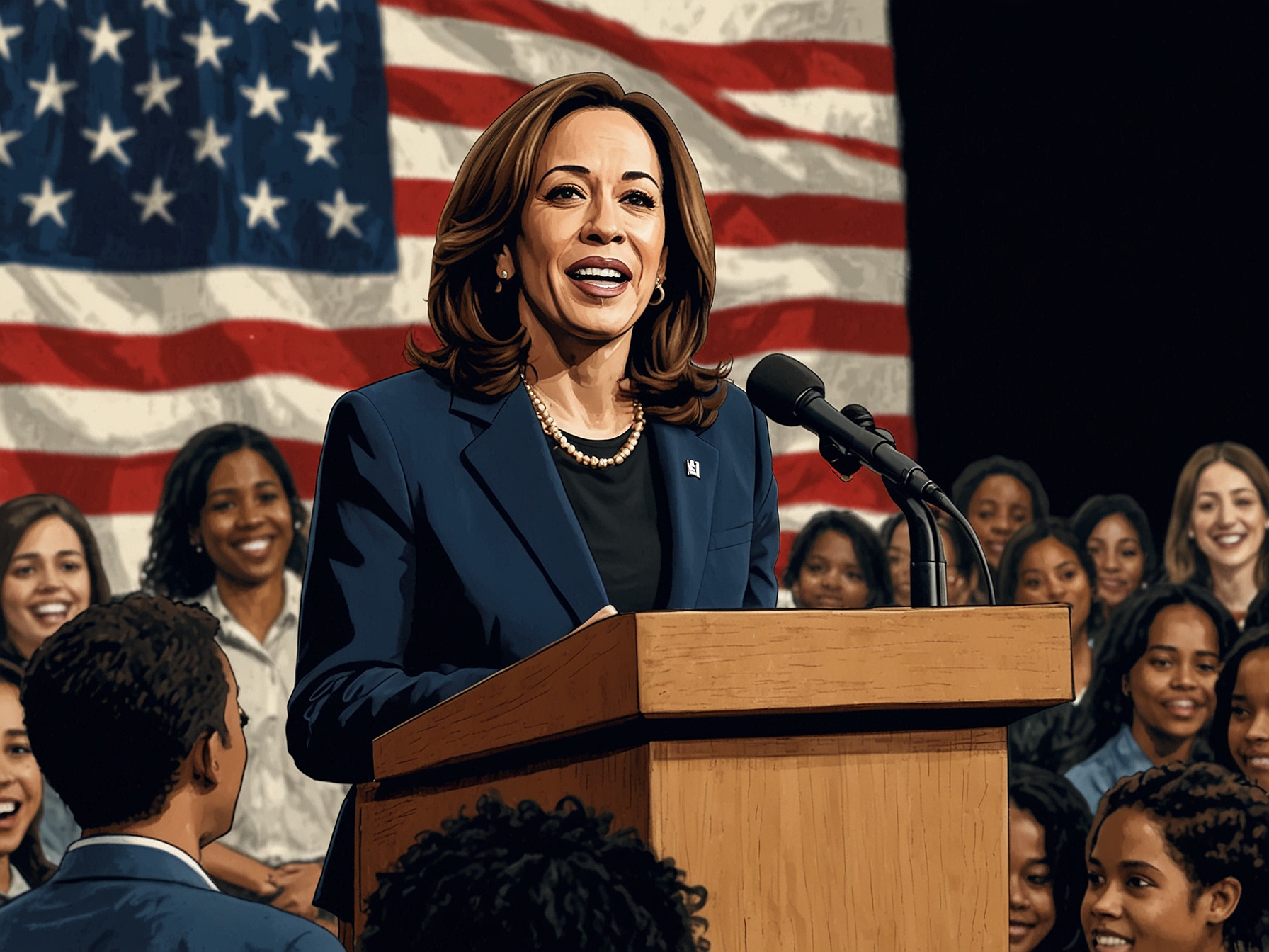 Kamala Harris speaks passionately at an event focused on education, engaging with a group of young voters eager to hear her plans for change and their future.