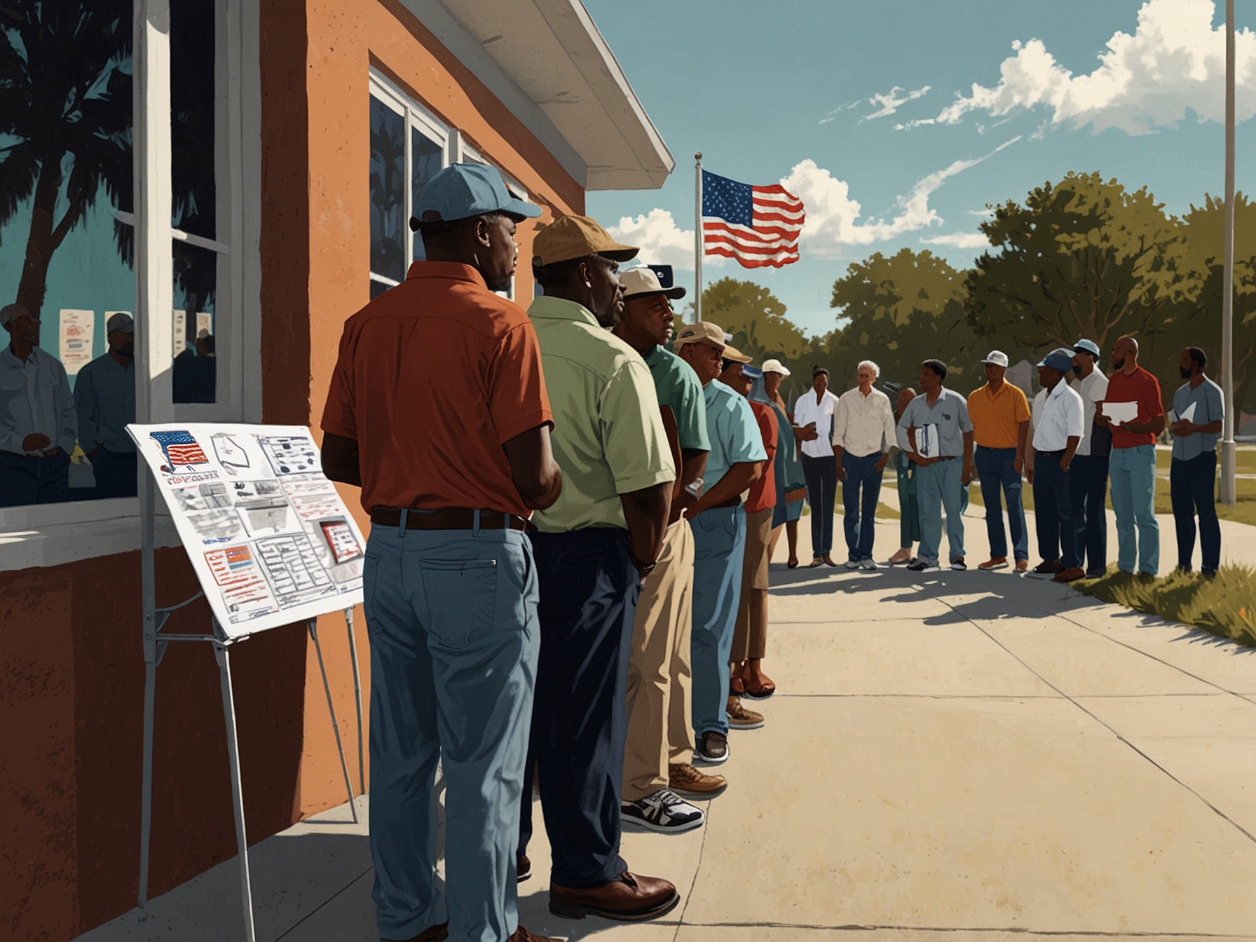 A diverse group of voters lines up outside a polling station in Florida, demonstrating the urgency and commitment to make their voices heard during the crucial election process.