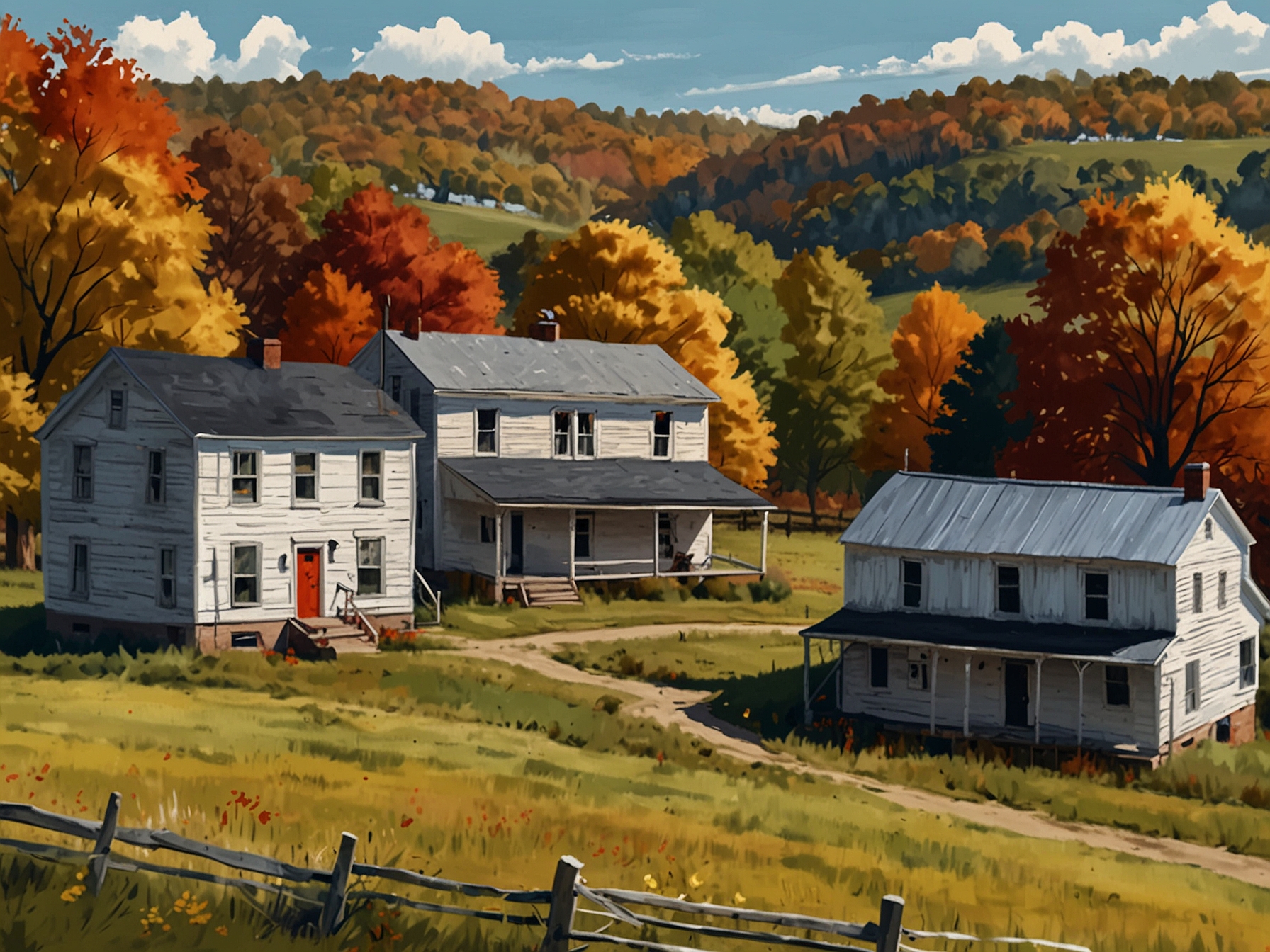 A close-up of a rural community in Pennsylvania, where Trump focuses on appealing to working-class voters amidst vibrant fall foliage, illustrating local engagement.