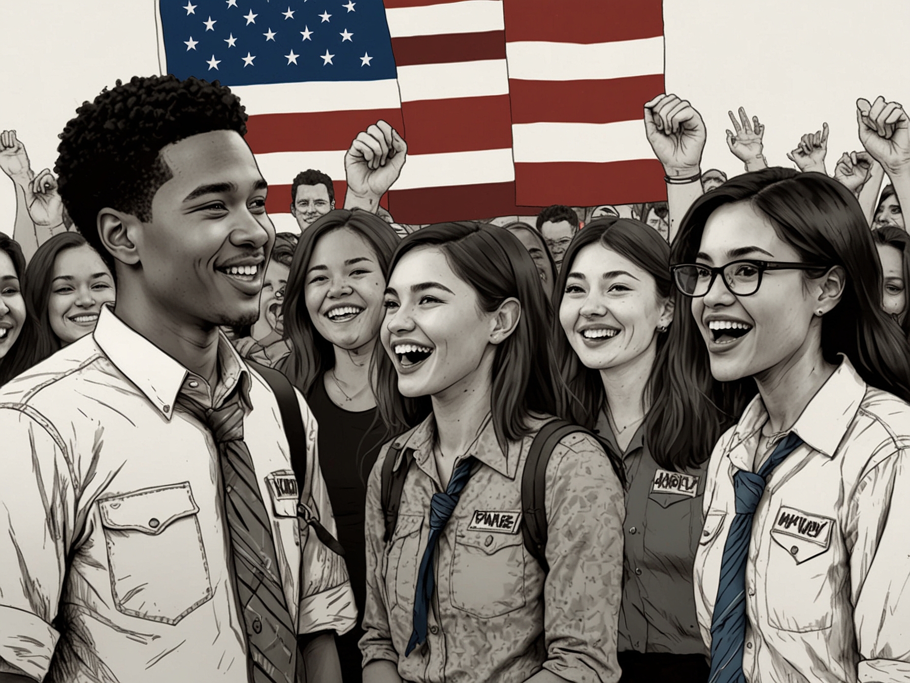 A group of diverse young voters in Arizona, actively participating in a local rally, showcasing their enthusiasm for Harris and representing shifting voter demographics.