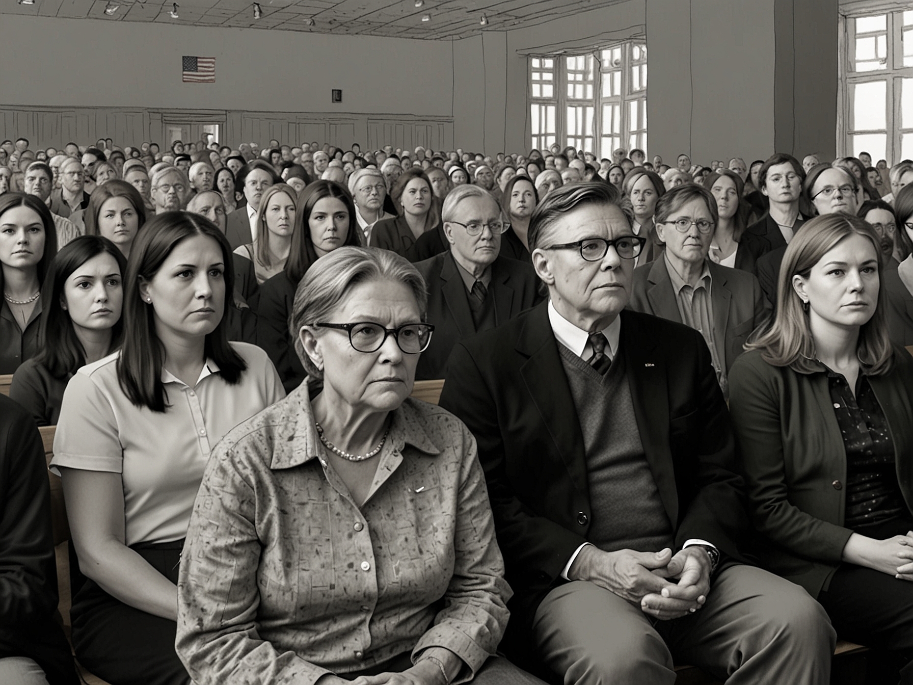 Crowd of engaged voters listening attentively to Tom Cole's announcement, illustrating the public's eagerness for hopeful dialogue about future elections and democracy.