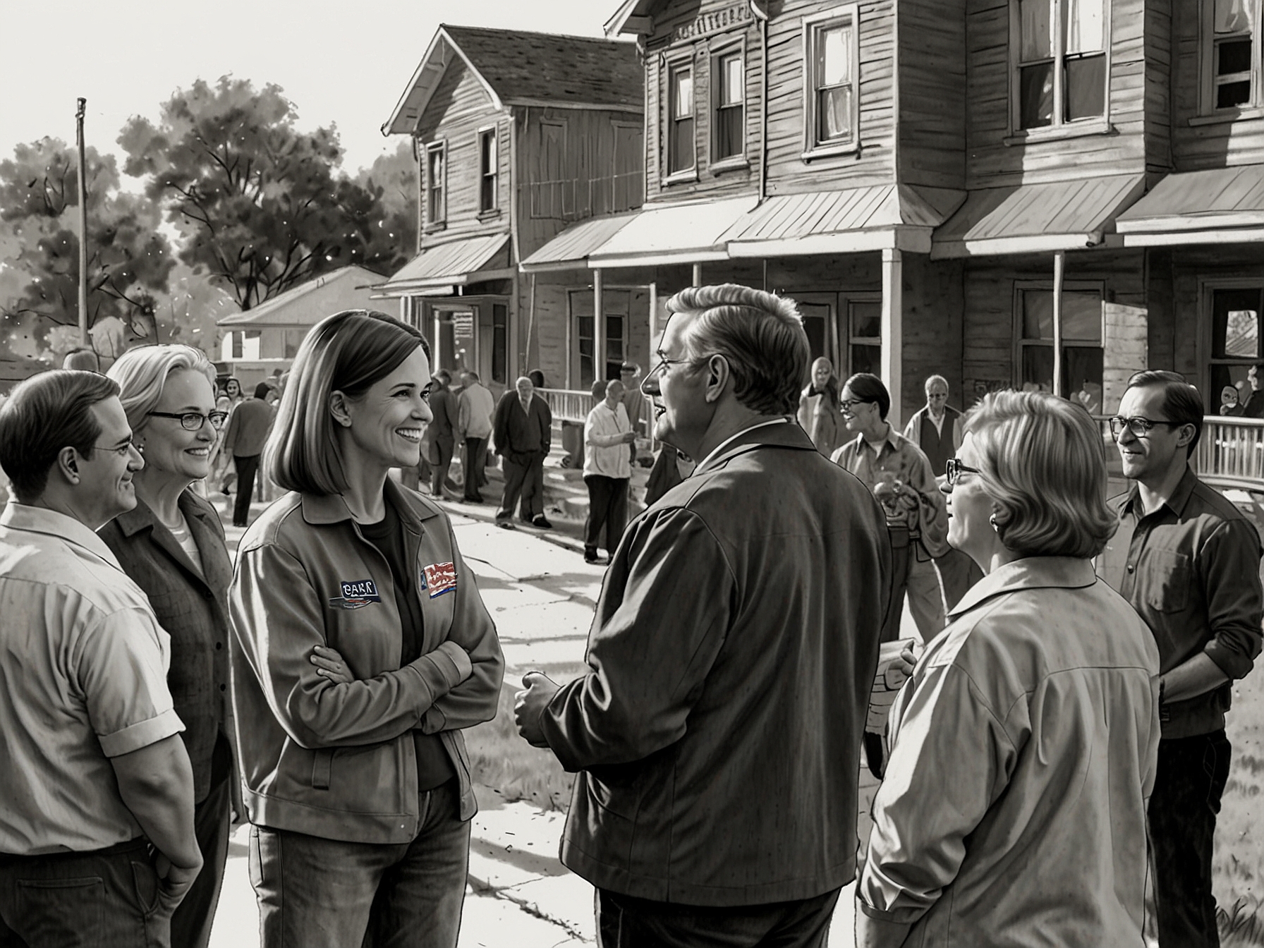 An outdoor campaign event in Wisconsin, with candidates interacting with local residents, symbolizing the need for genuine connections with the electorate.