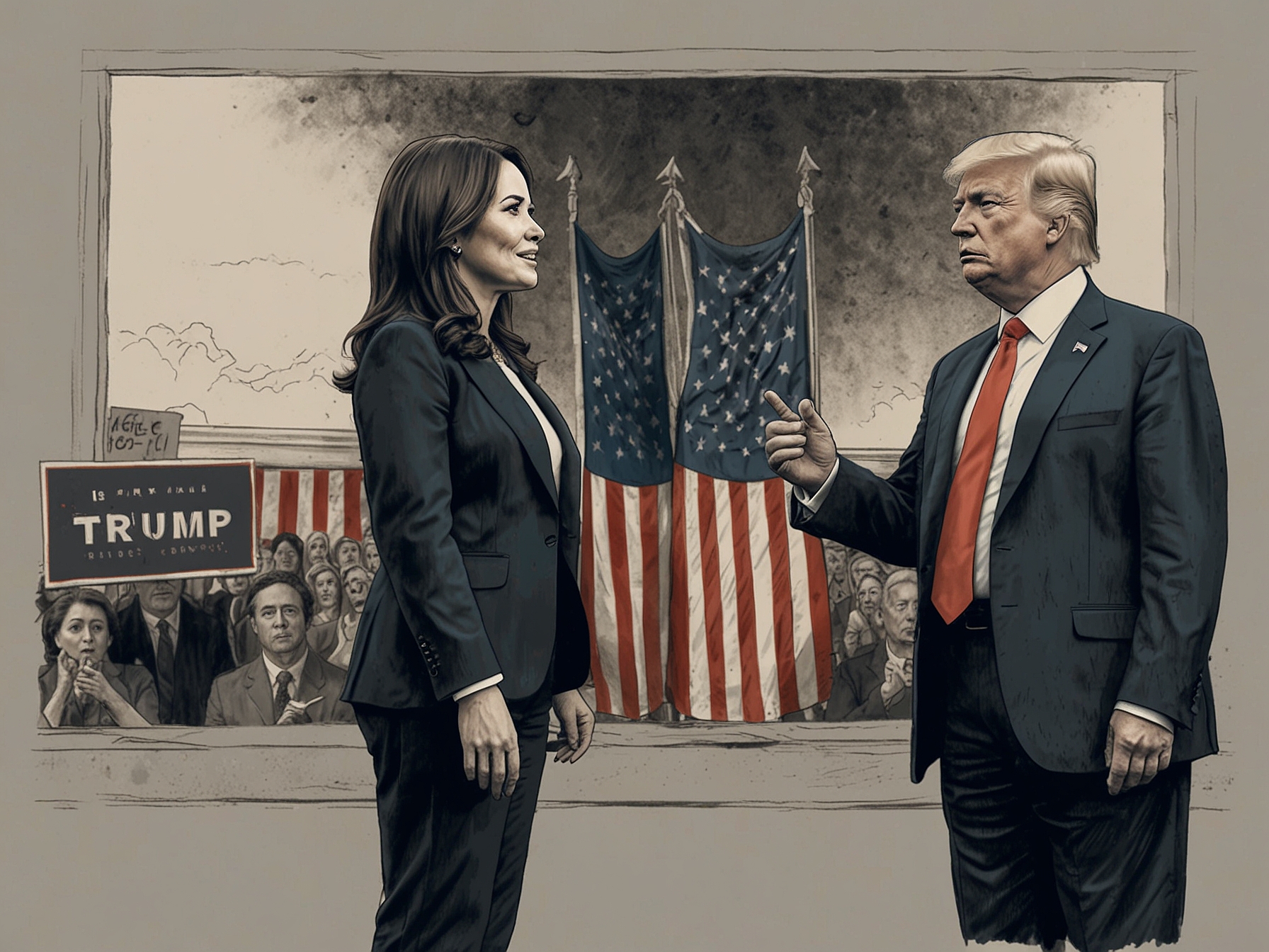 A split-screen image capturing Trump and Harris at their respective campaign events, illustrating the contrasting messages and energy each candidate brings to the election.