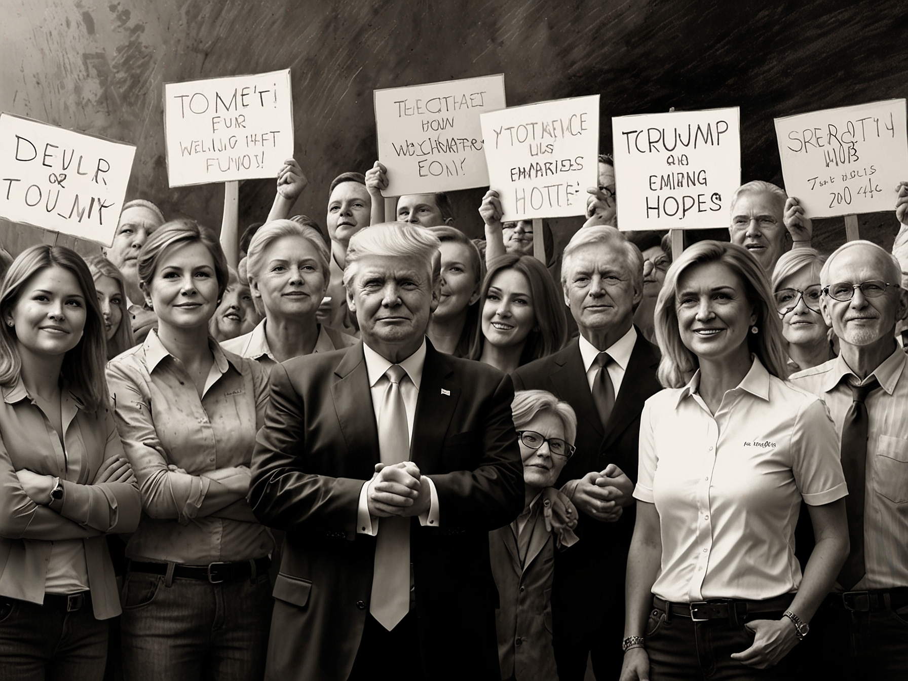 Supporters of Donald Trump gathering with signs of encouragement, embodying their hopes and confidence in his business-focused approach to governance.