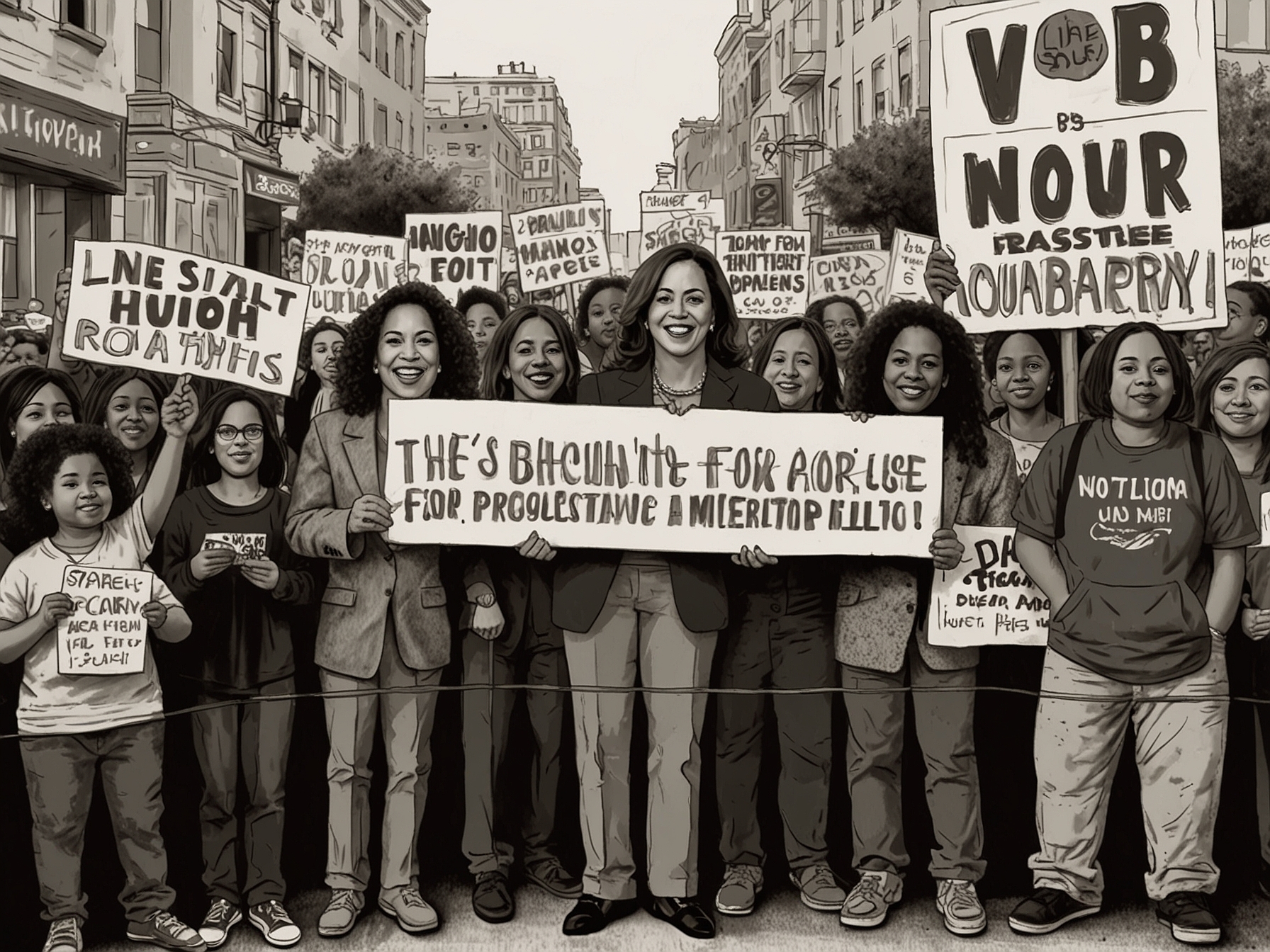 Kamala Harris's supporters rallying around a banner calling for equality and social justice, showcasing their desire for progressive change in American politics.
