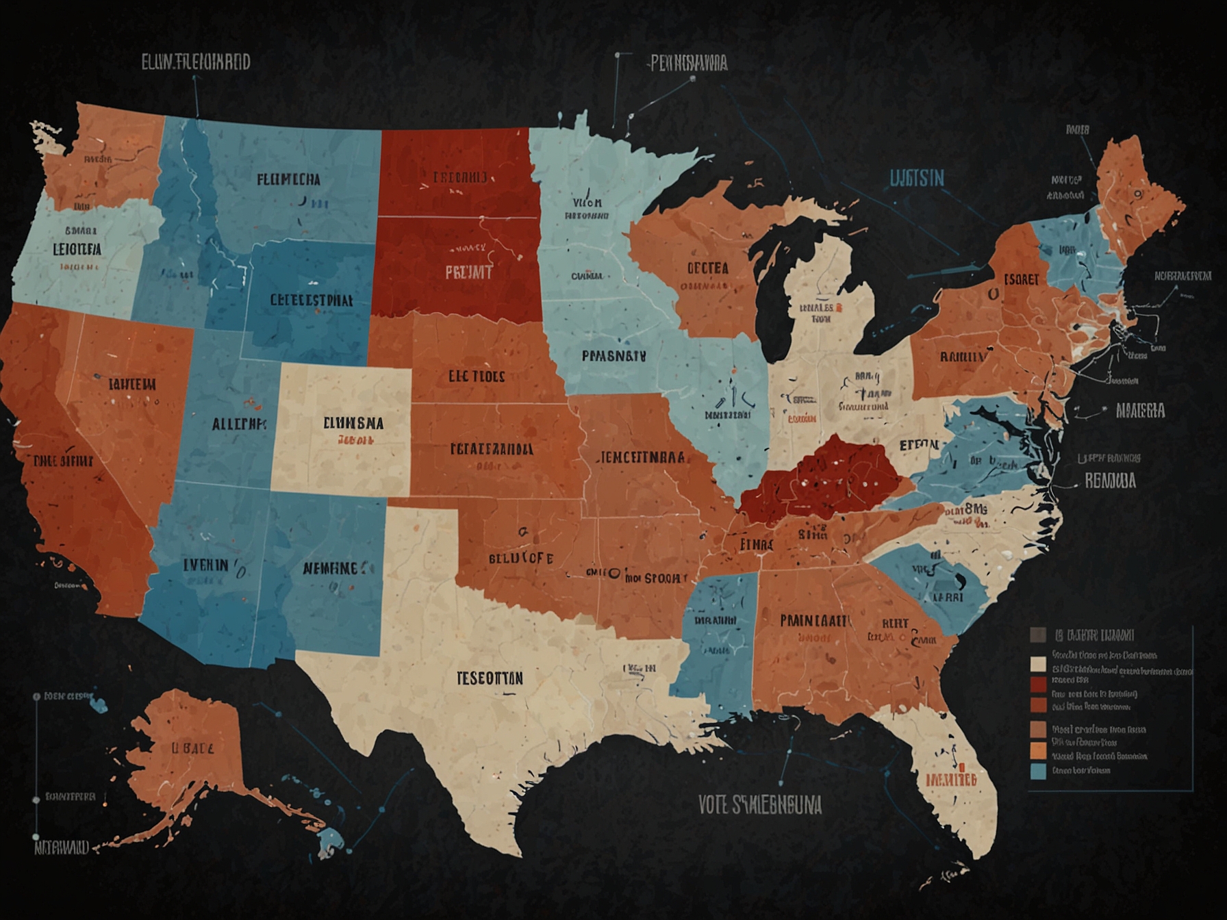 An electoral map highlighting key battleground states like Pennsylvania and Wisconsin, with visual indicators to show shifts in voter loyalty leading to surprising election outcomes.