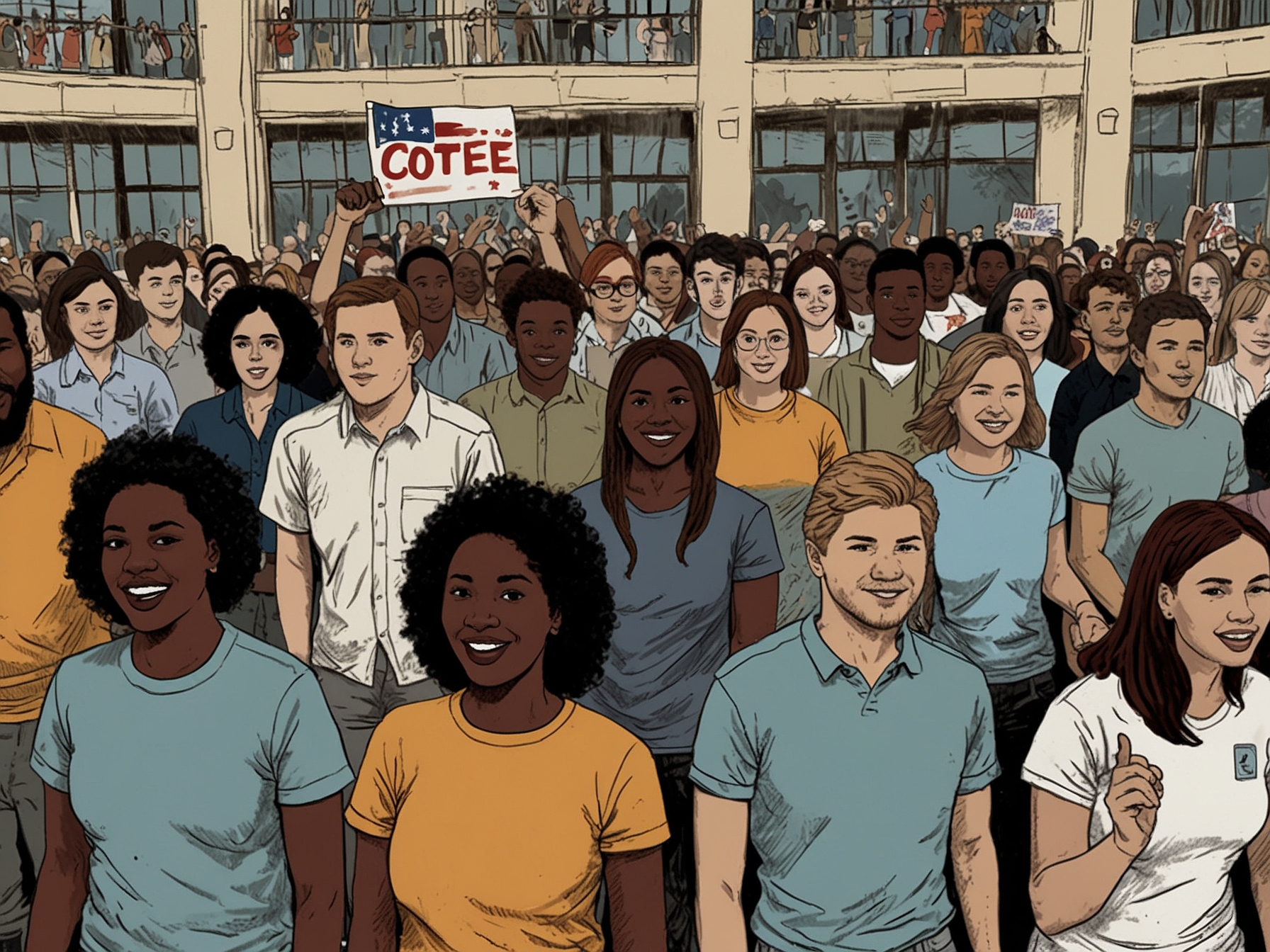 An overhead view of a diverse group of young voters participating in a rally, reflecting the unprecedented interest among younger demographics in the election process.