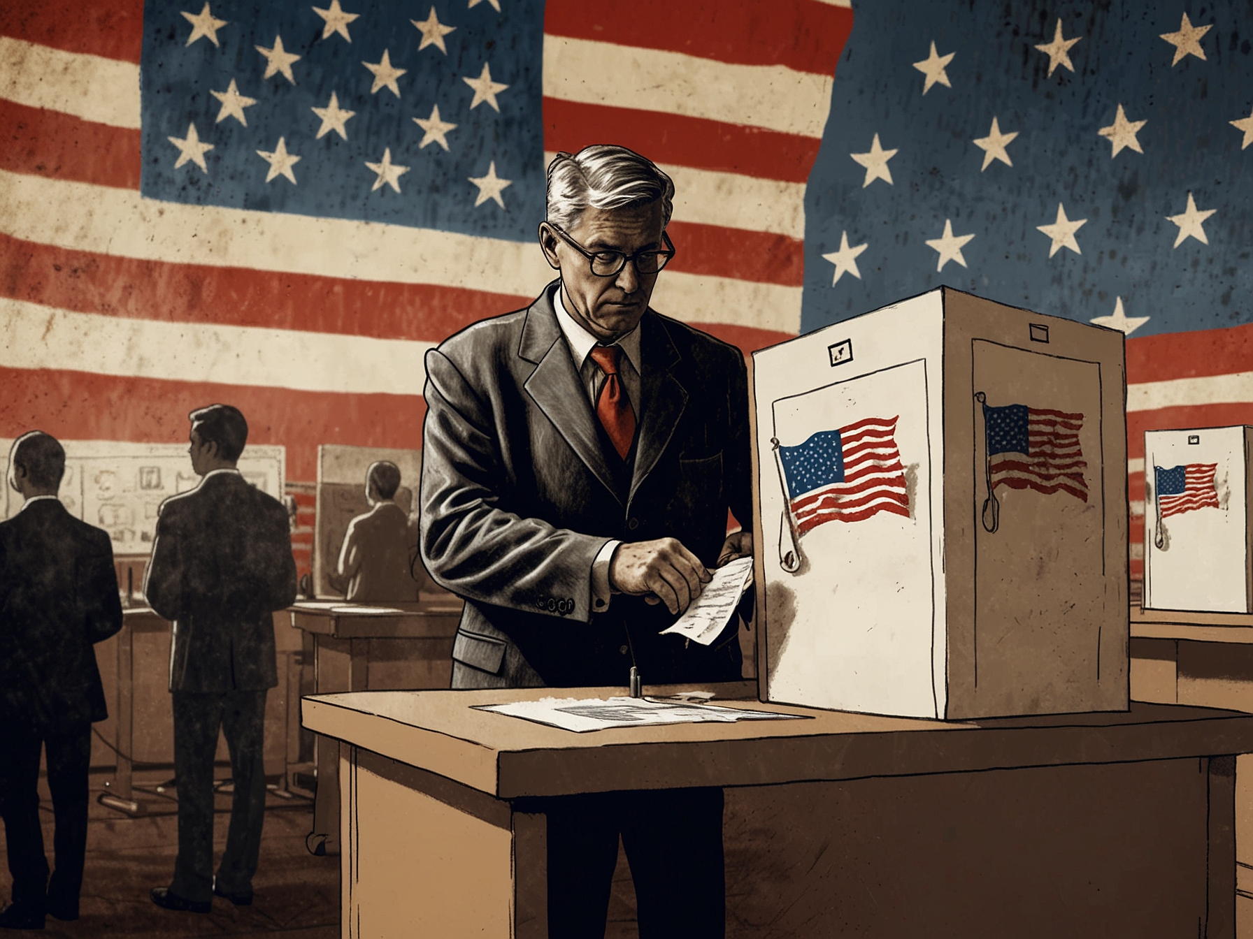 A voter casting their ballot at a polling station, symbolizing the crucial choice facing Americans in the upcoming election amid deep political divisions.