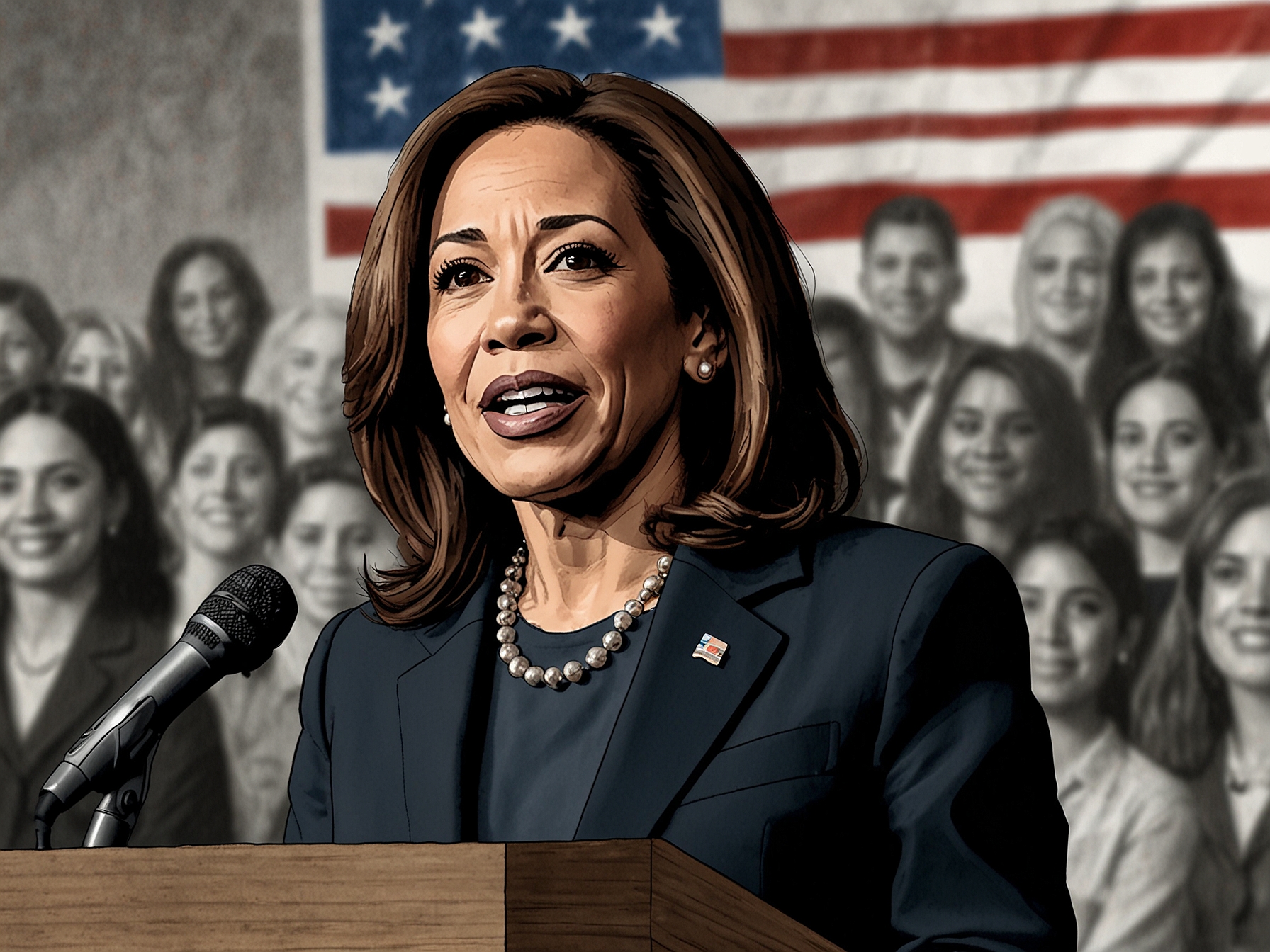 A close-up of Kamala Harris delivering a hopeful speech about unity, with an enthusiastic crowd behind her, emphasizing her vision for America's future.
