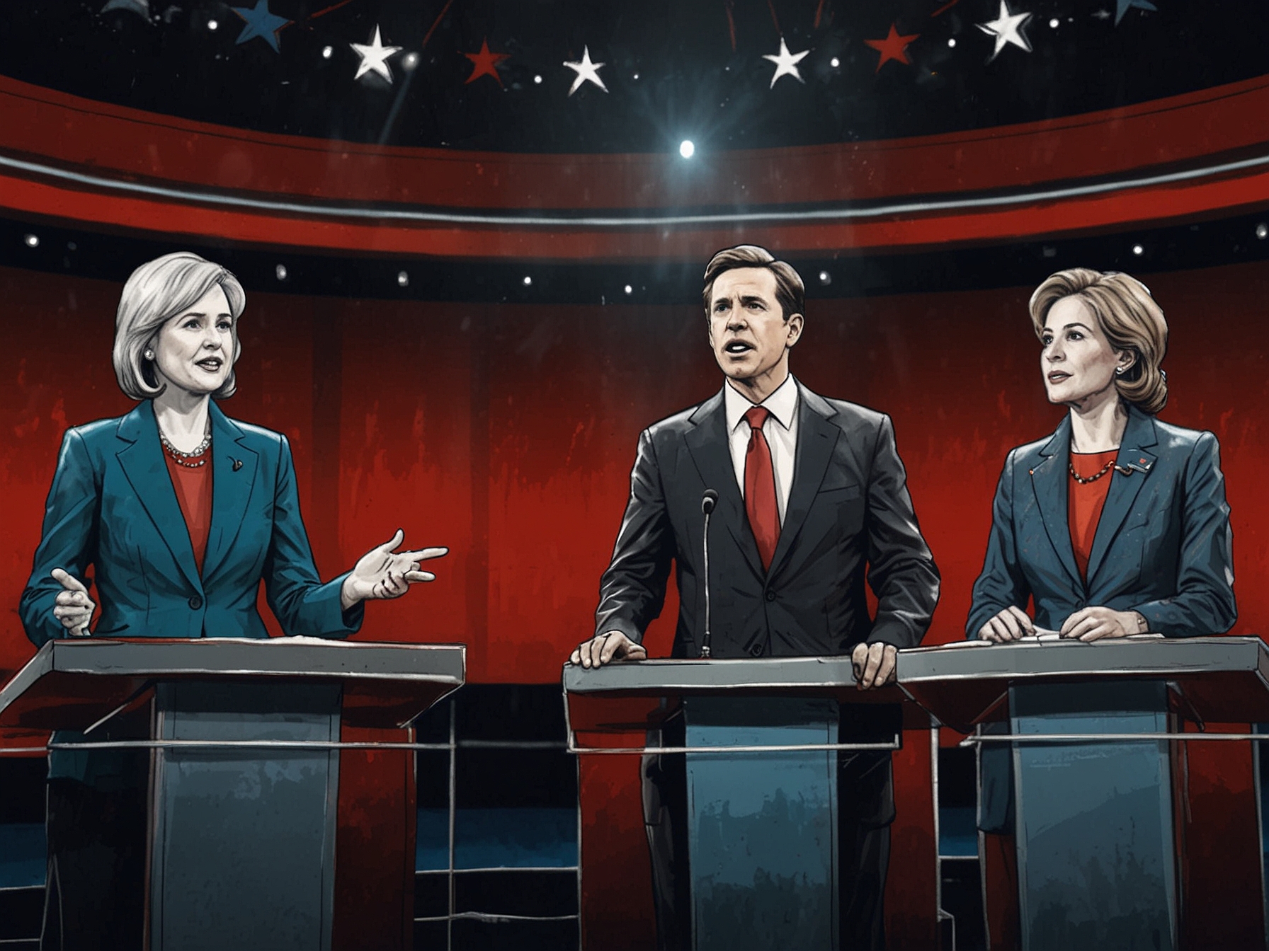 Candidates on stage at a debate, passionately presenting their views on key issues, showcasing contrasting visions for America's future.