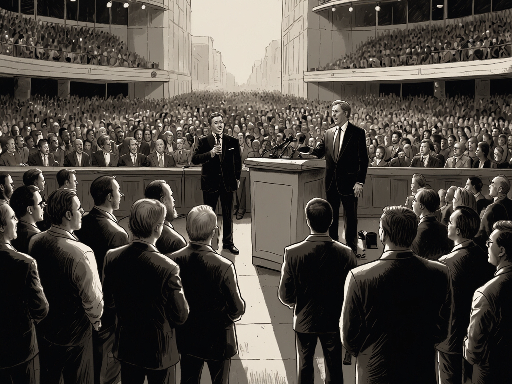 Candidates addressing a large crowd at a political rally in Georgia, illustrating the competitive nature of the race and the candidates' strategies to rally support.