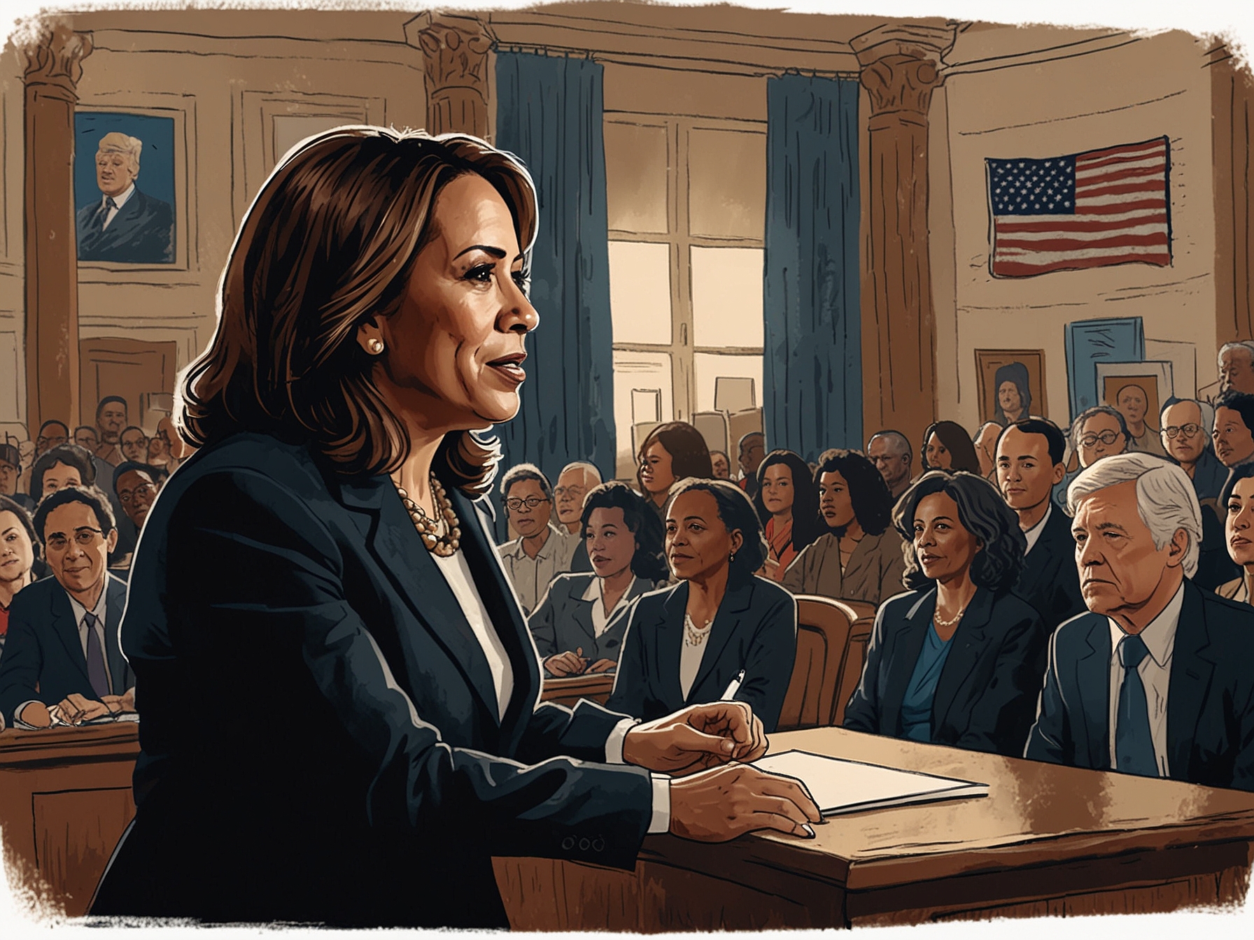 A town hall meeting scene where Kamala Harris engages with voters, demonstrating her focus on inclusivity and connection, while a contrasting image shows Trump energizing his base with controversial statements.