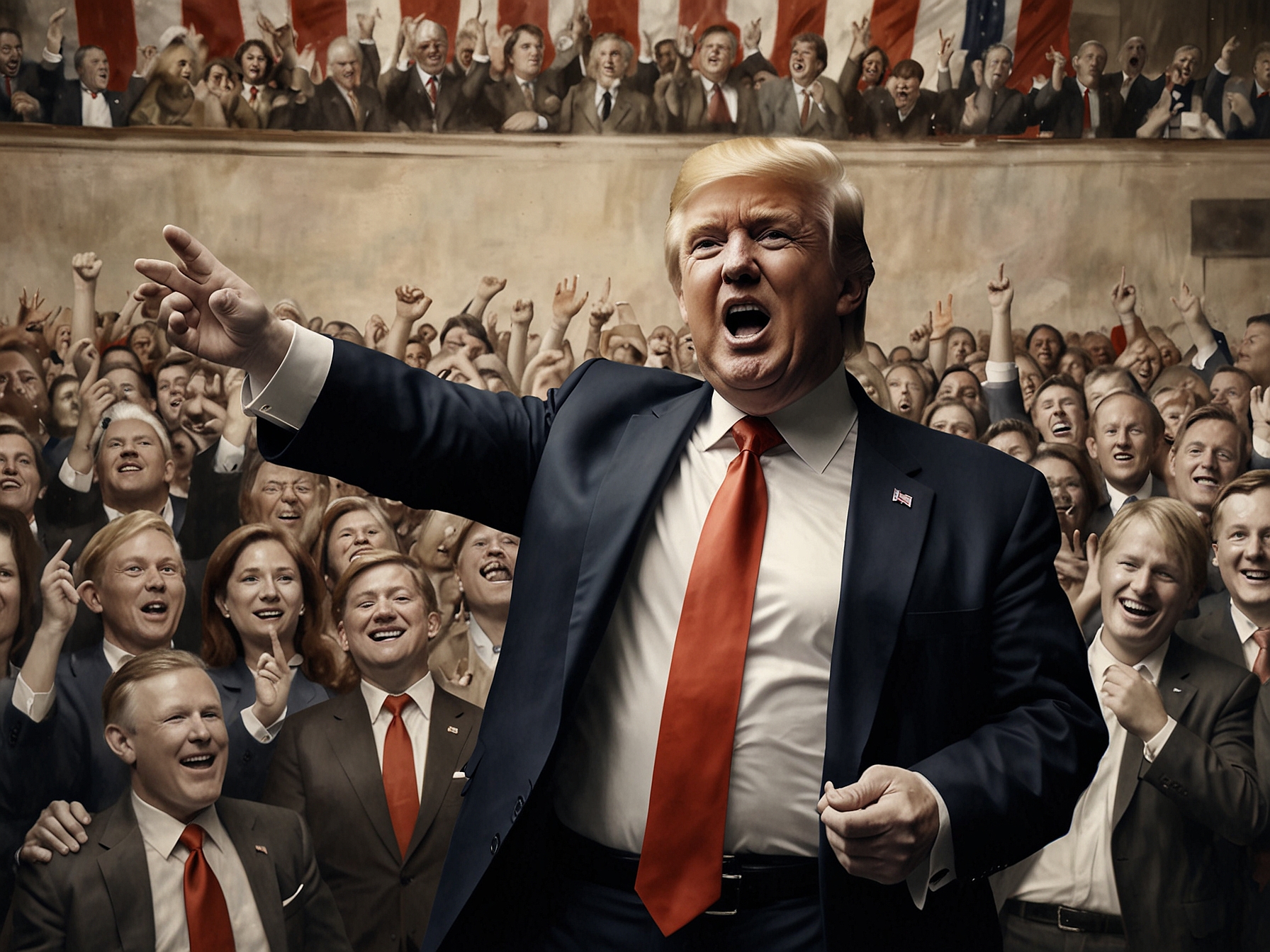 Donald Trump on stage, surrounded by his ardent supporters, capturing the energy and loyalty of his base in the aftermath of the election results.