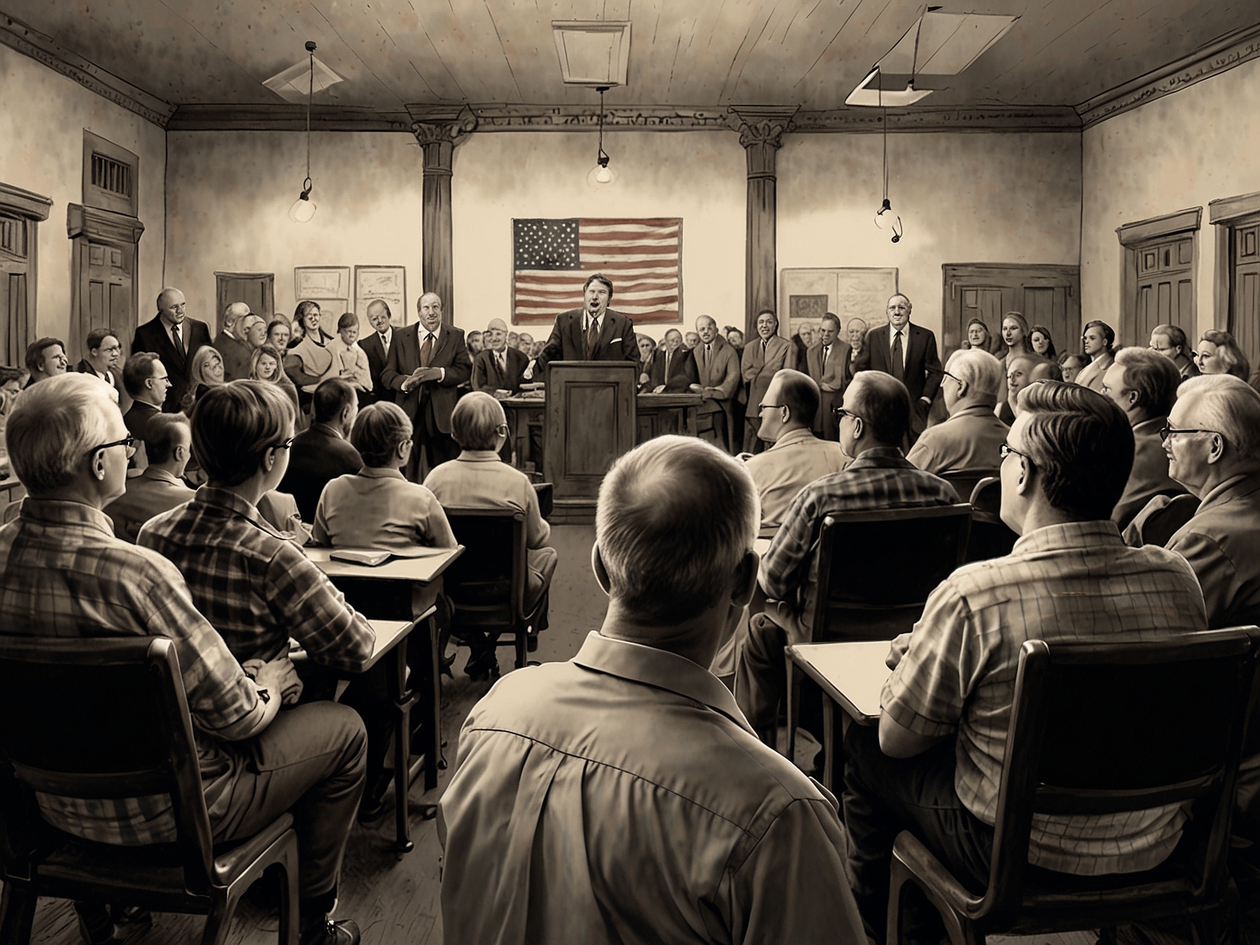 A lively Wisconsin town hall meeting where local and national issues are passionately debated among engaged citizens, reflecting the state's crucial role in national politics.