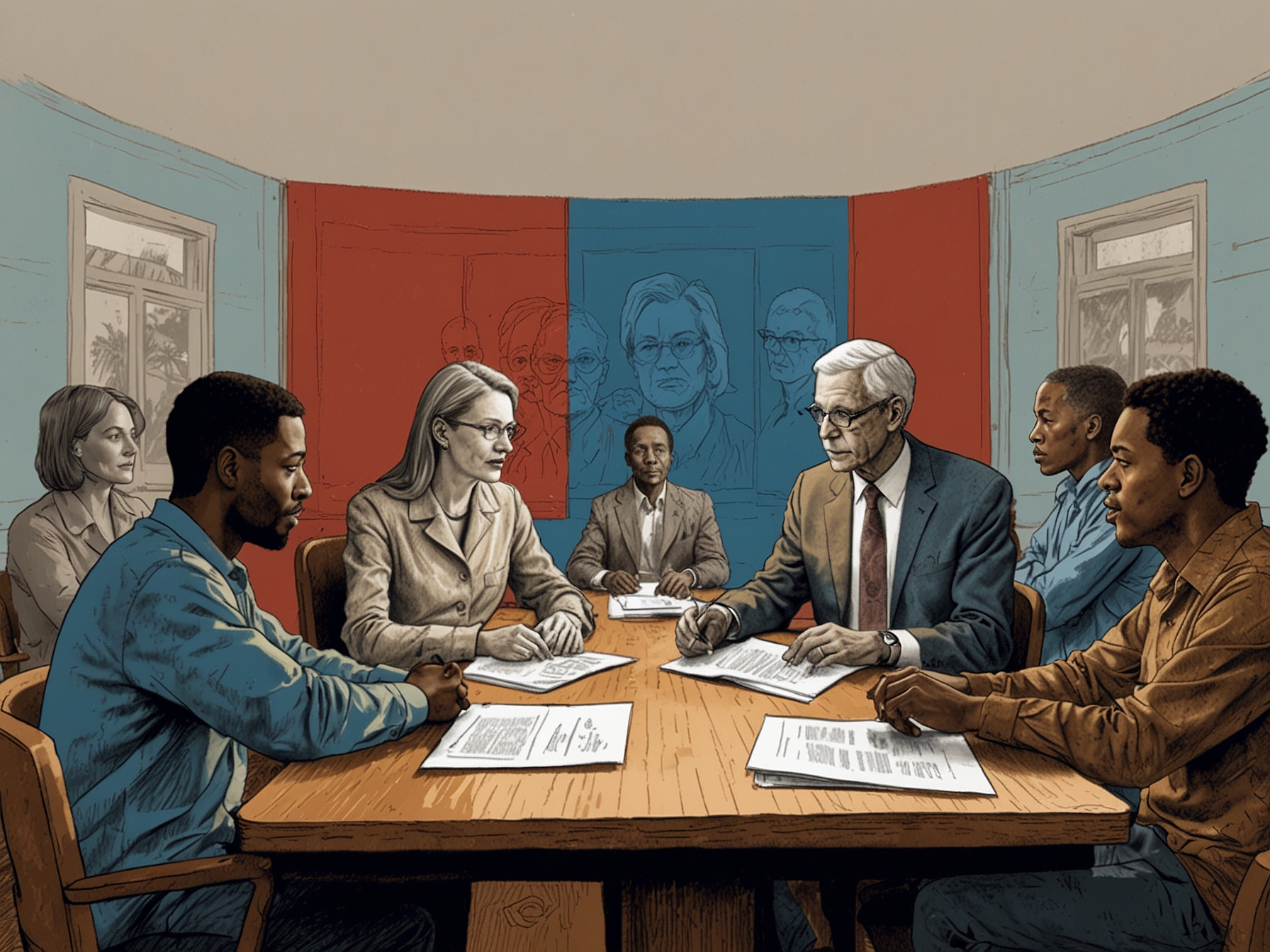 A split-screen image portraying citizens engaging in discussions about rights and justice, highlighting the significant issues that shaped voter sentiments during the election.