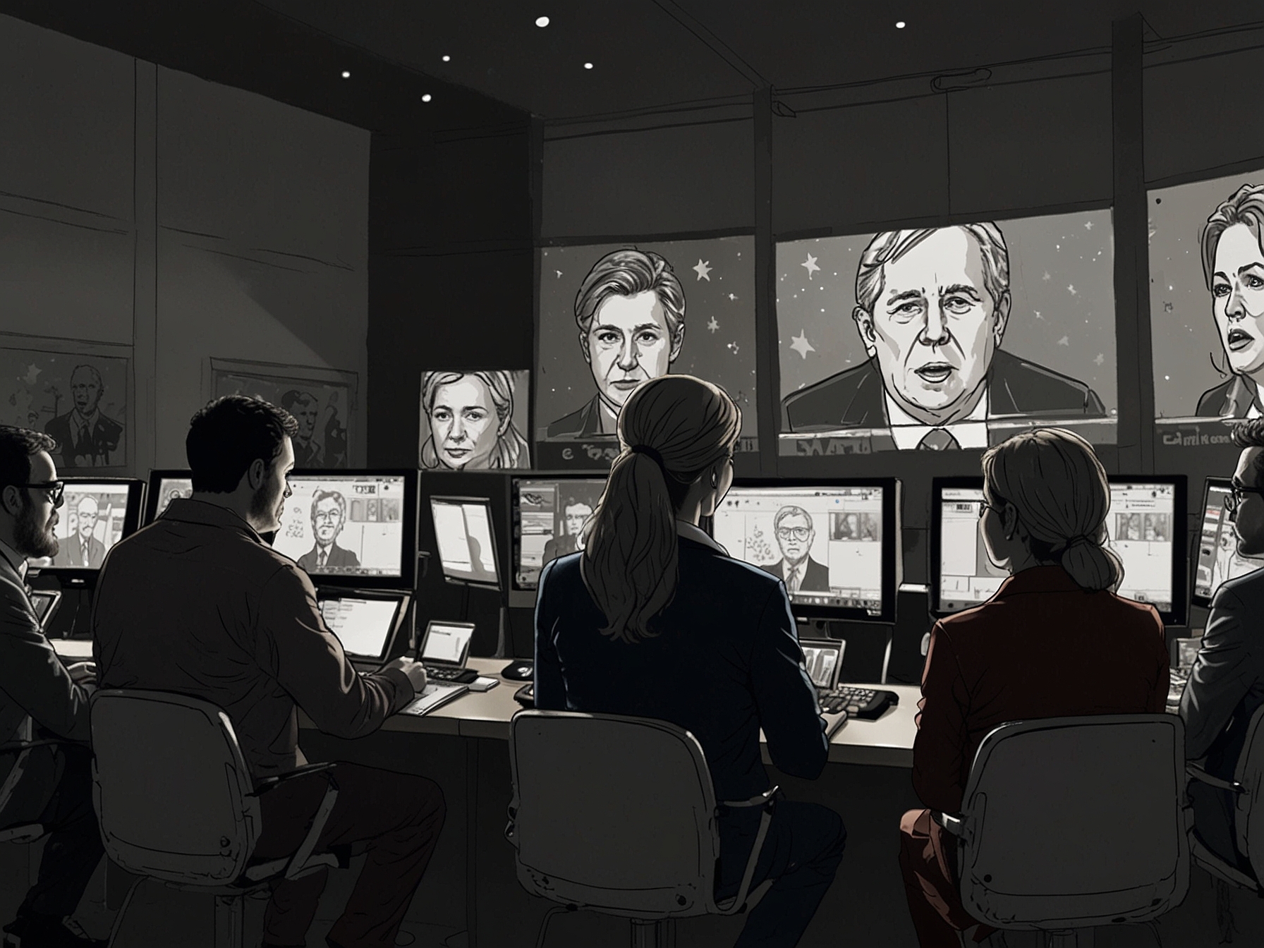 Election night coverage showing hopeful candidates watching the results come in on large screens, capturing the suspense and excitement of the electoral process.