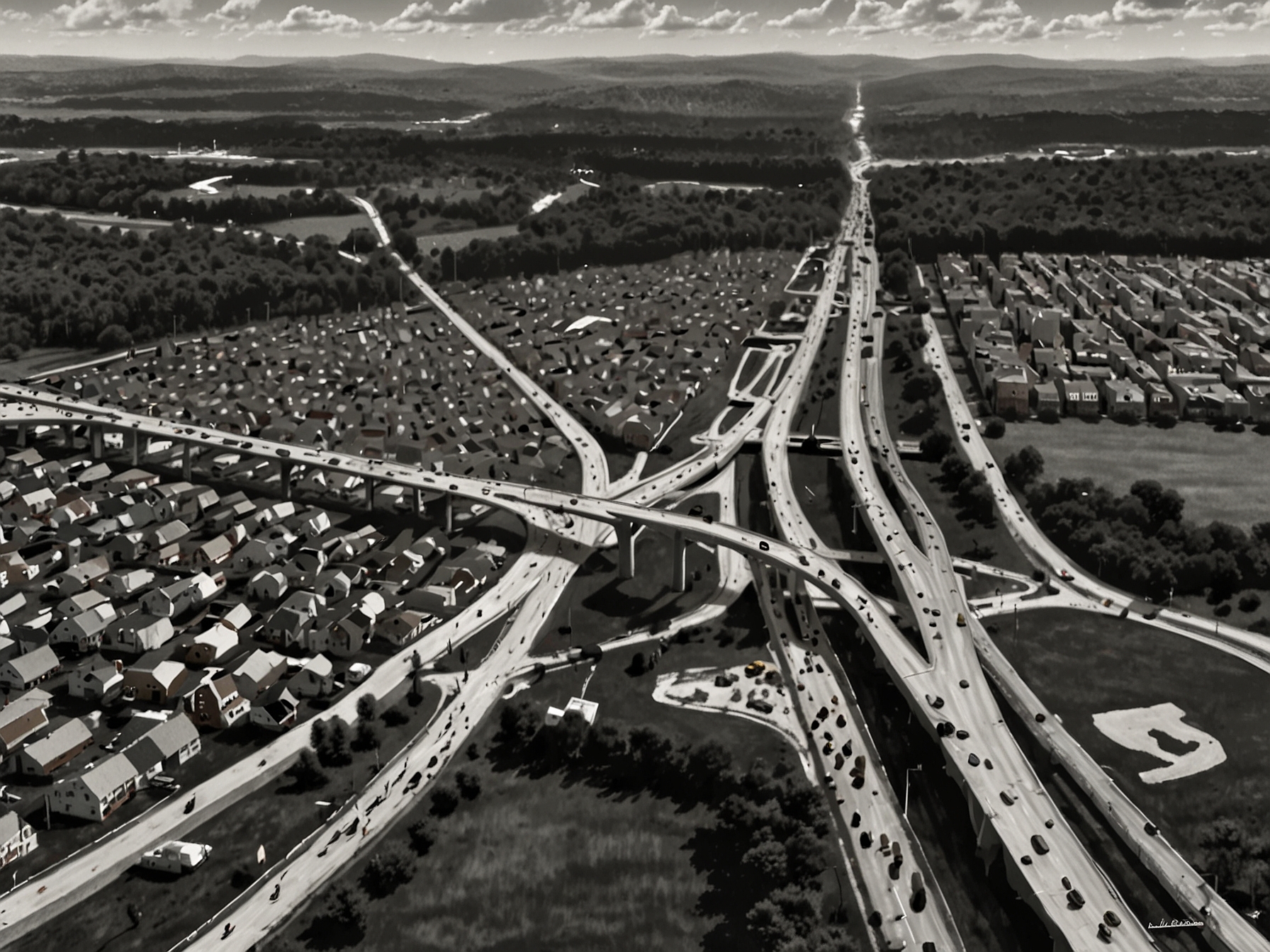 An aerial view of Pennsylvania, highlighting its critical battleground status in the upcoming election, with roads filled with campaign billboards from both parties.