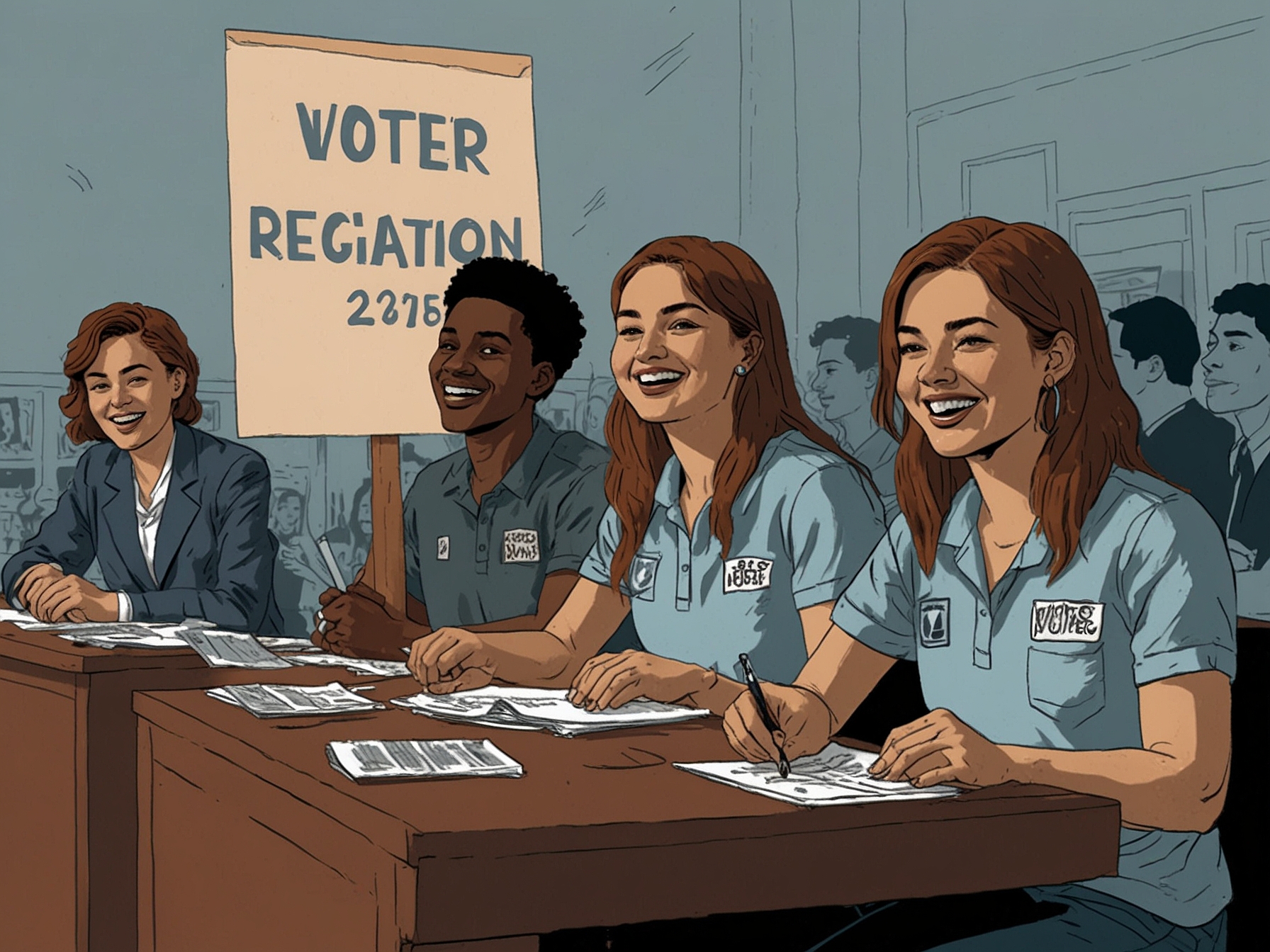 Young voters enthusiastically participating in a voter registration event, showcasing their determination to influence the election outcomes and engage in the democratic process.