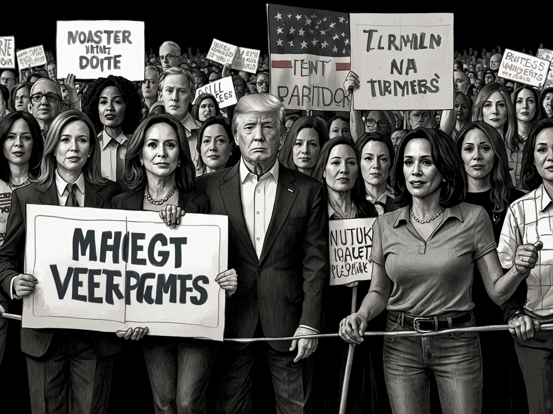 A divided crowd at a political rally, with supporters of both Kamala Harris and Donald Trump holding banners, showcasing the passionate divide among voters.