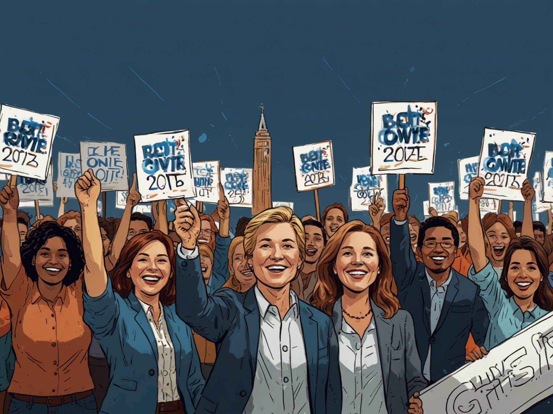 Candidates at a rally in a key state, with supporters waving banners, capturing the excitement and energy of grassroots campaigning leading up to 2024.