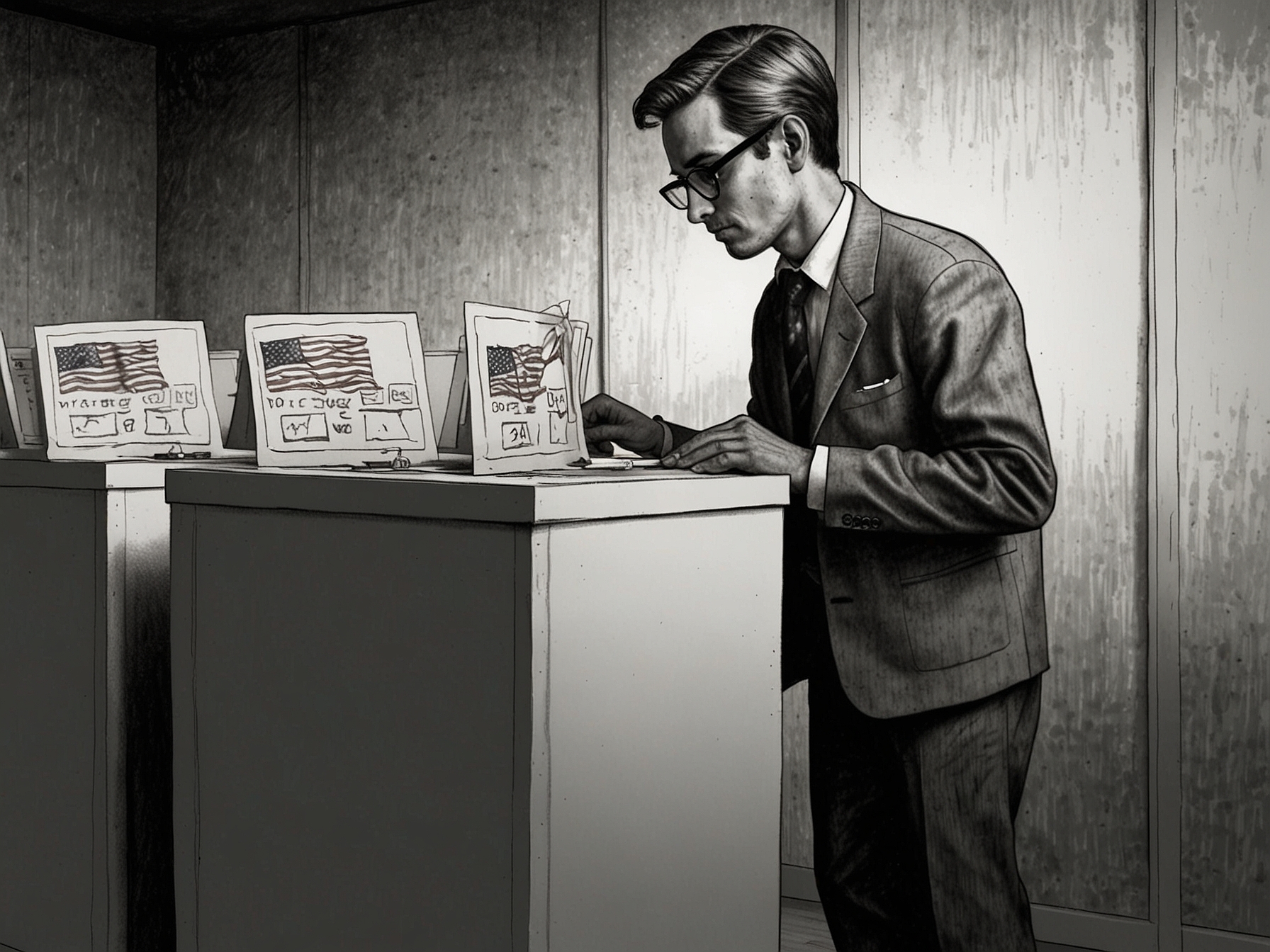 A close-up of a voter casting their ballot in a secluded voting booth, symbolizing the individual's role in shaping their political future in a contentious election.