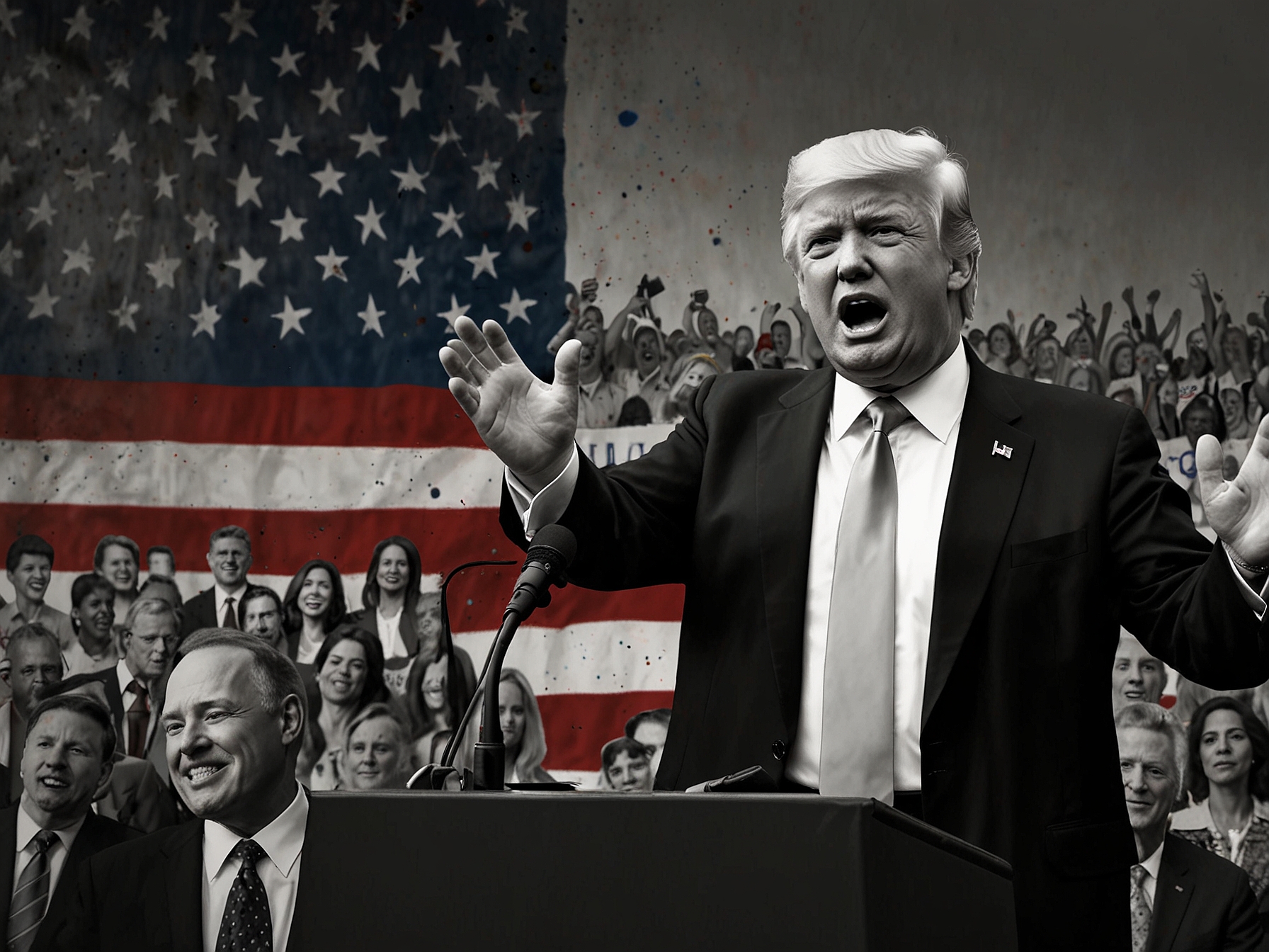 A split image of Trump and Harris at their campaign rallies, each energizing their supporters with passionate speeches, exemplifying the fierce competition for swing state votes.