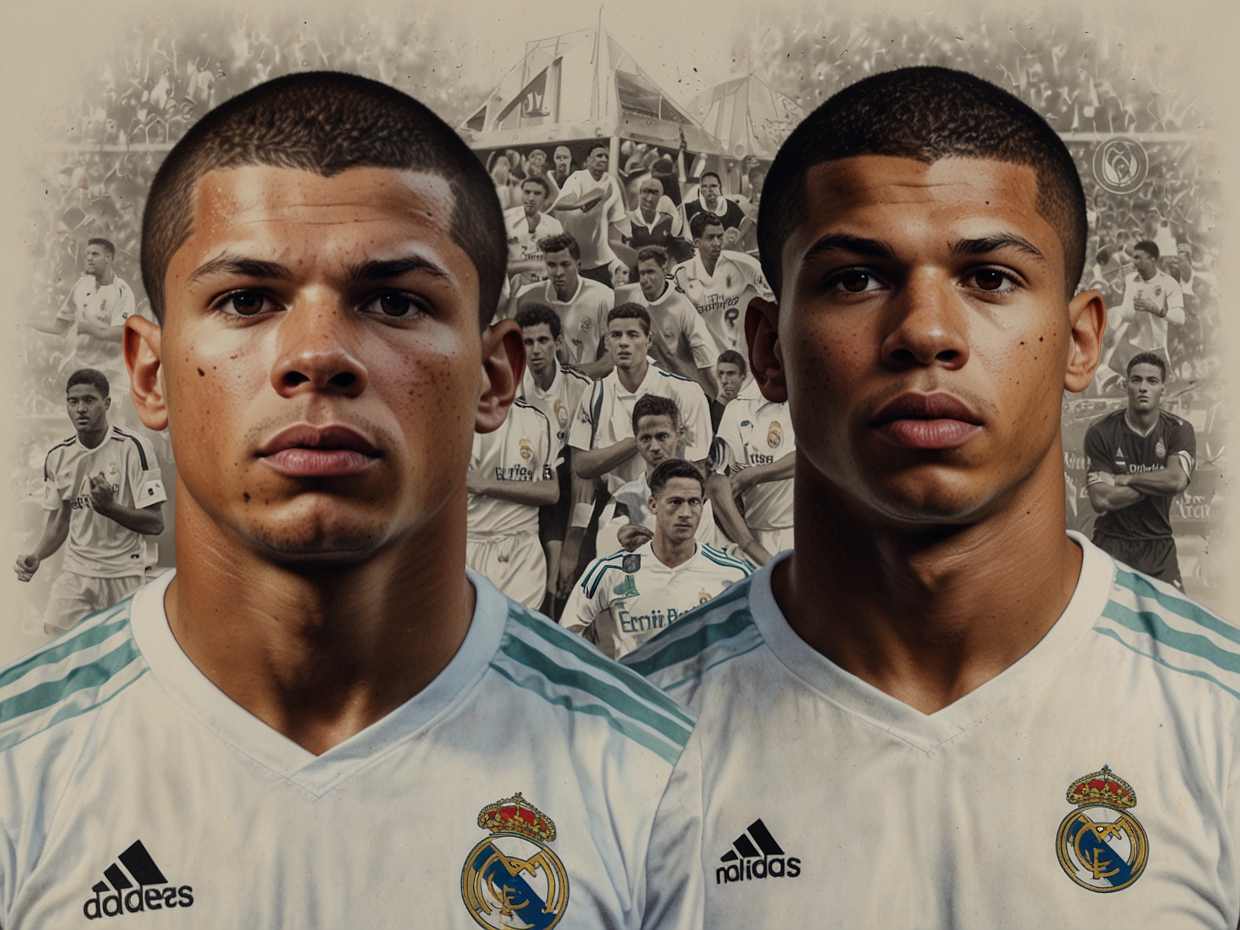 A split image showing past Real Madrid legends like Ronaldo on one side and Kylian Mbappe on the other, contrasting the club's glorious history with current uncertainties about future stars.