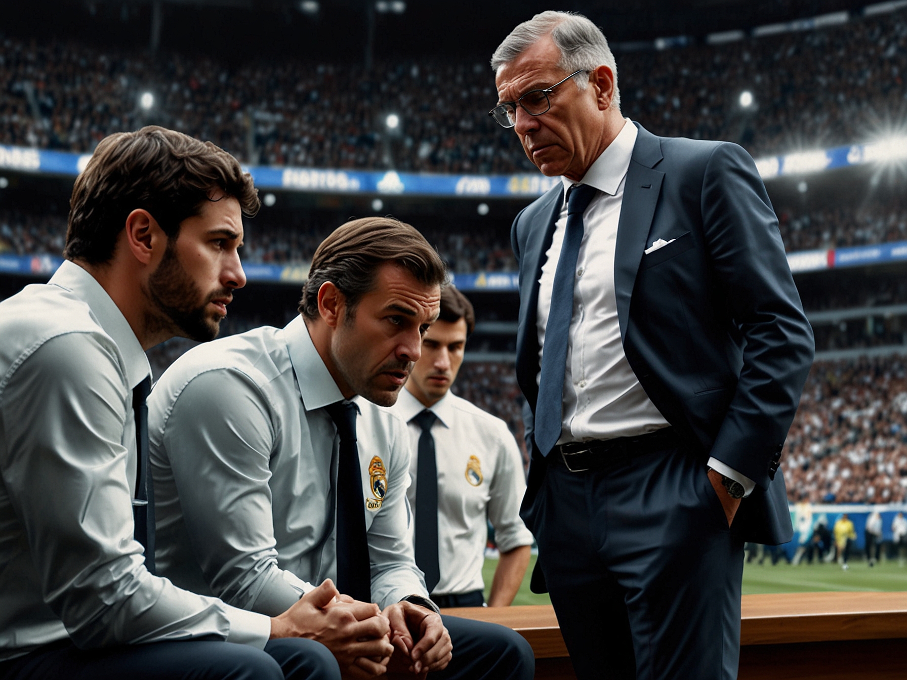 A close-up of Real Madrid's management during a tense match, capturing their frustration as they discuss the club's inconsistent strategy in the transfer market.