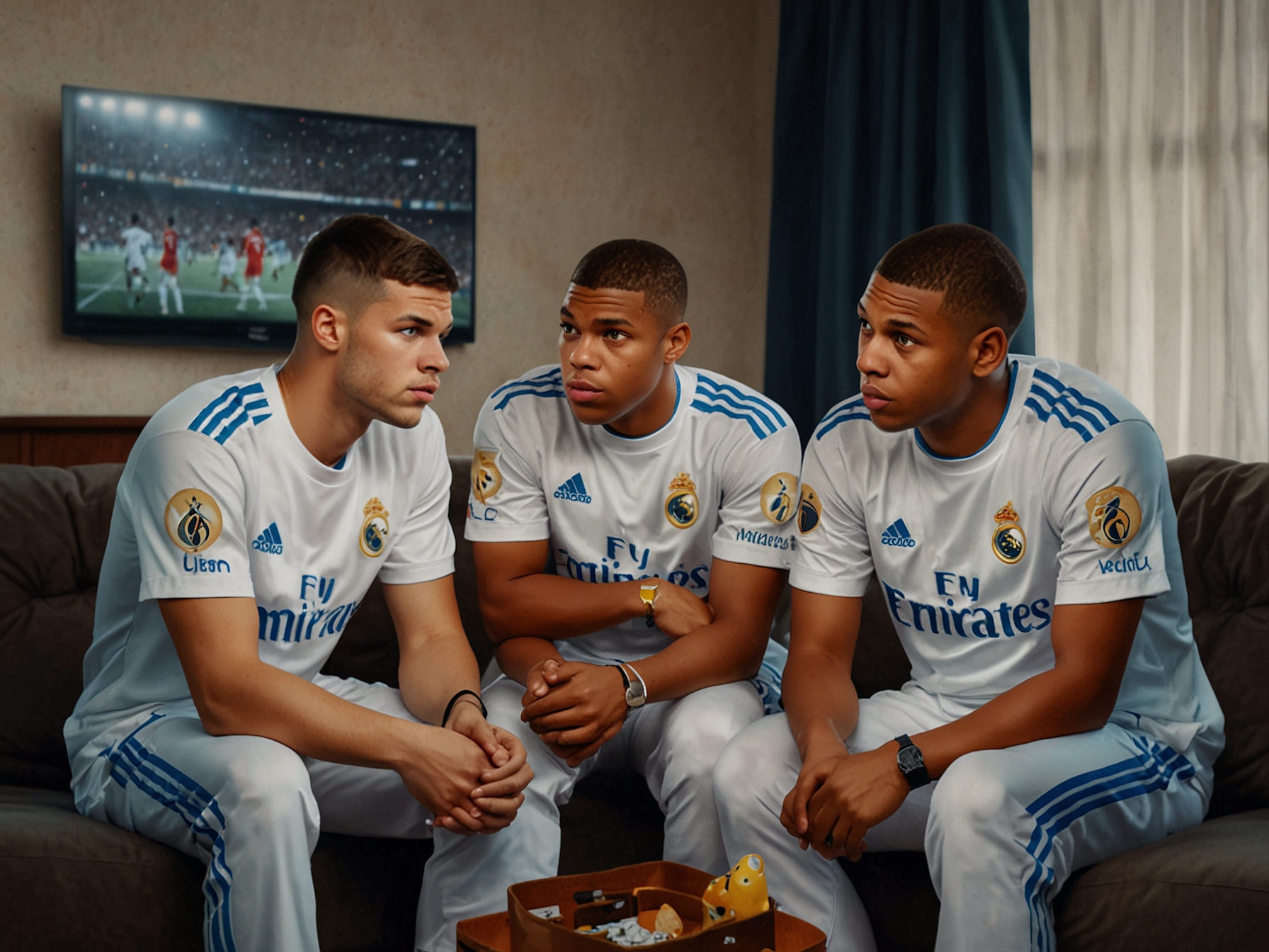 Fans in Real Madrid jerseys with worried expressions, gathered around a TV, watching a game, eagerly discussing the potential of signing Mbappe and their dwindling hopes.