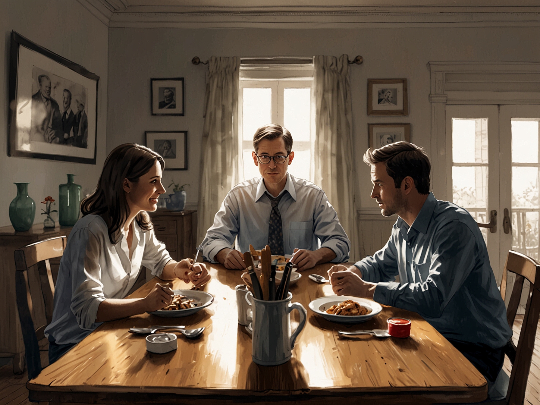 A family gathered around a dinner table engaged in a discussion about politics, demonstrating how election outcomes affect everyday life and interpersonal relationships.