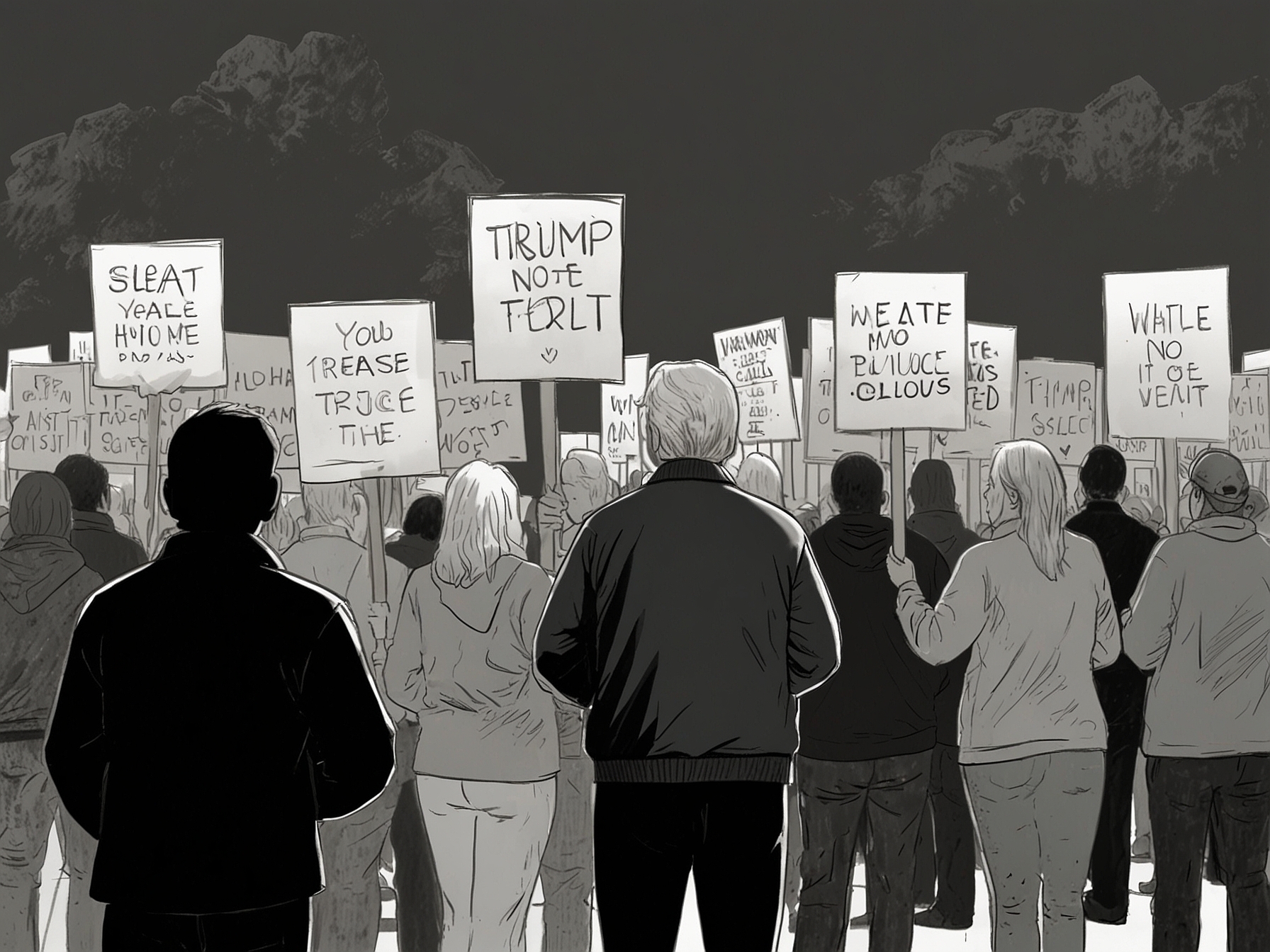 A group of activists holding signs in a peaceful protest, representing the various perspectives and emotions surrounding Trump's election and the call for dialogue and understanding.