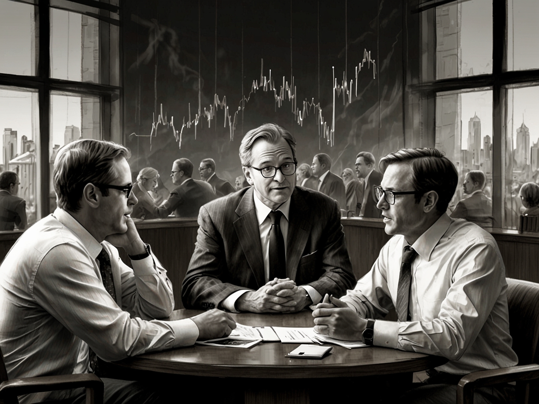 A group of investors engaged in heated discussions, illustrating how political events impact market emotions and investor sentiments.