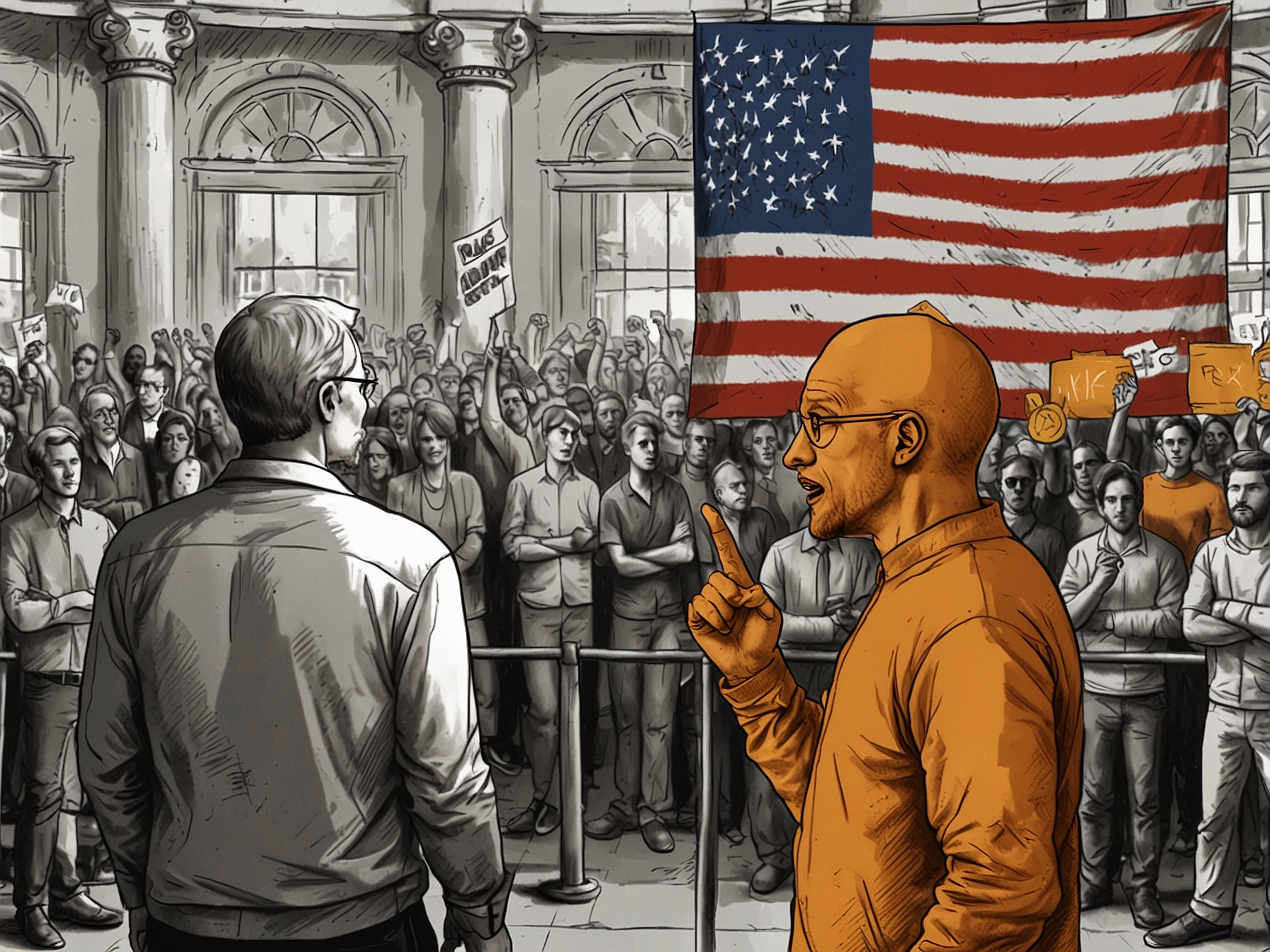 A split image showing a pro-crypto rally on one side and a protest against cryptocurrency regulations on the other, capturing the divide among voters regarding digital currencies in politics.