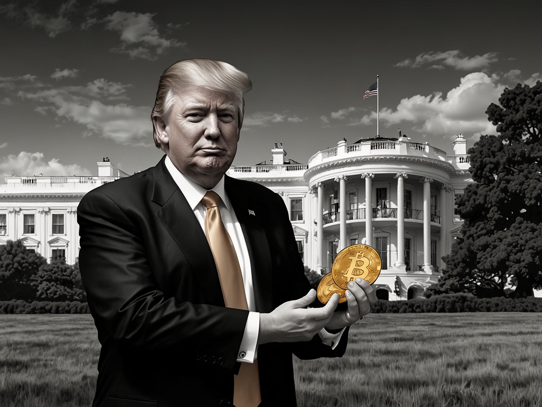 An illustration of Donald Trump holding a Bitcoin coin, with a backdrop of the White House, highlighting his recent endorsement of cryptocurrency and its implications for his political base.