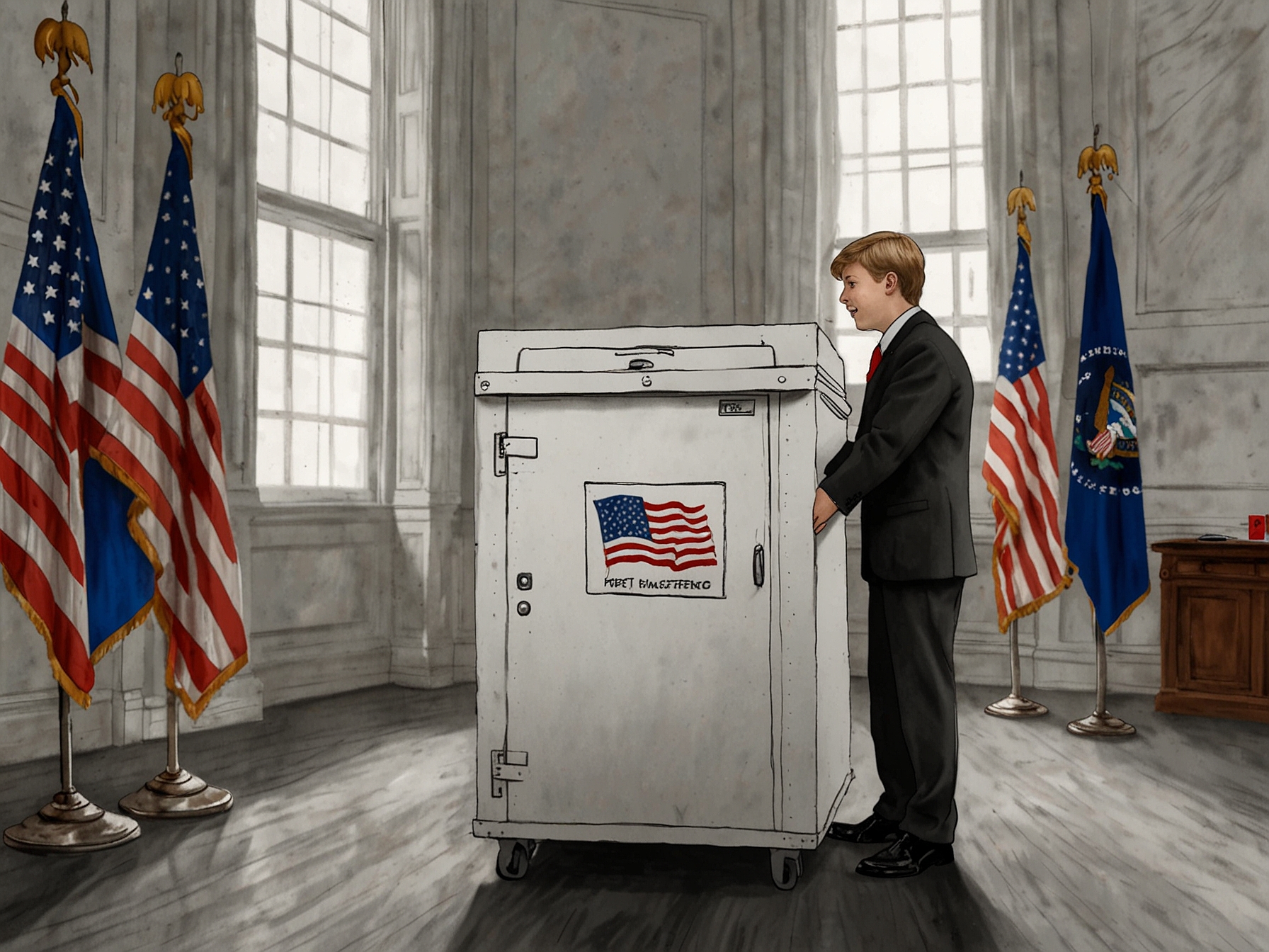 An interior shot of a voting booth with Barron Trump inside, nervously but excitedly completing his ballot, symbolizing emerging civic engagement.