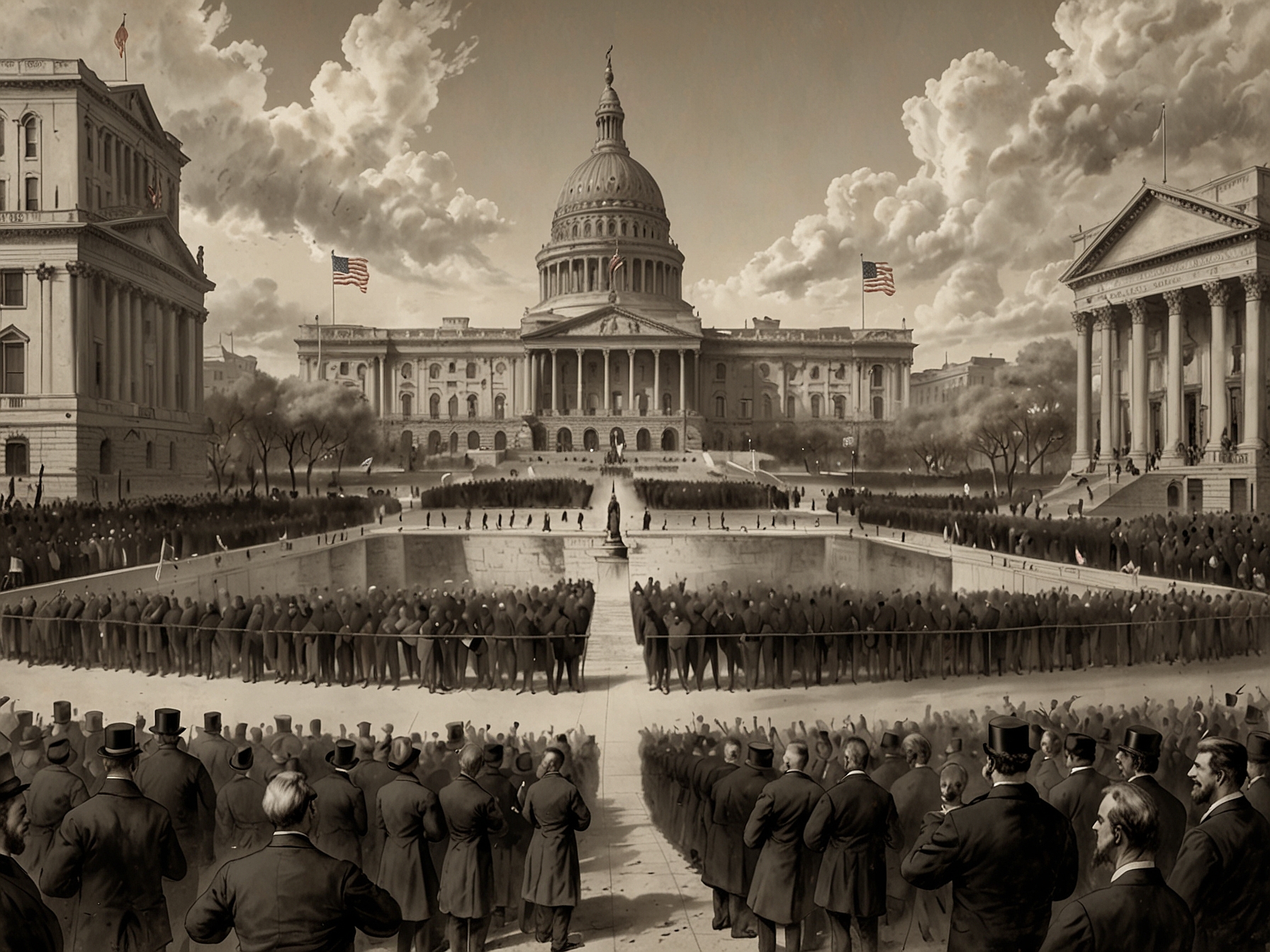 An illustration of Cleveland's first inauguration in 1885, showcasing the significance of his election and the political atmosphere of the late 19th century.
