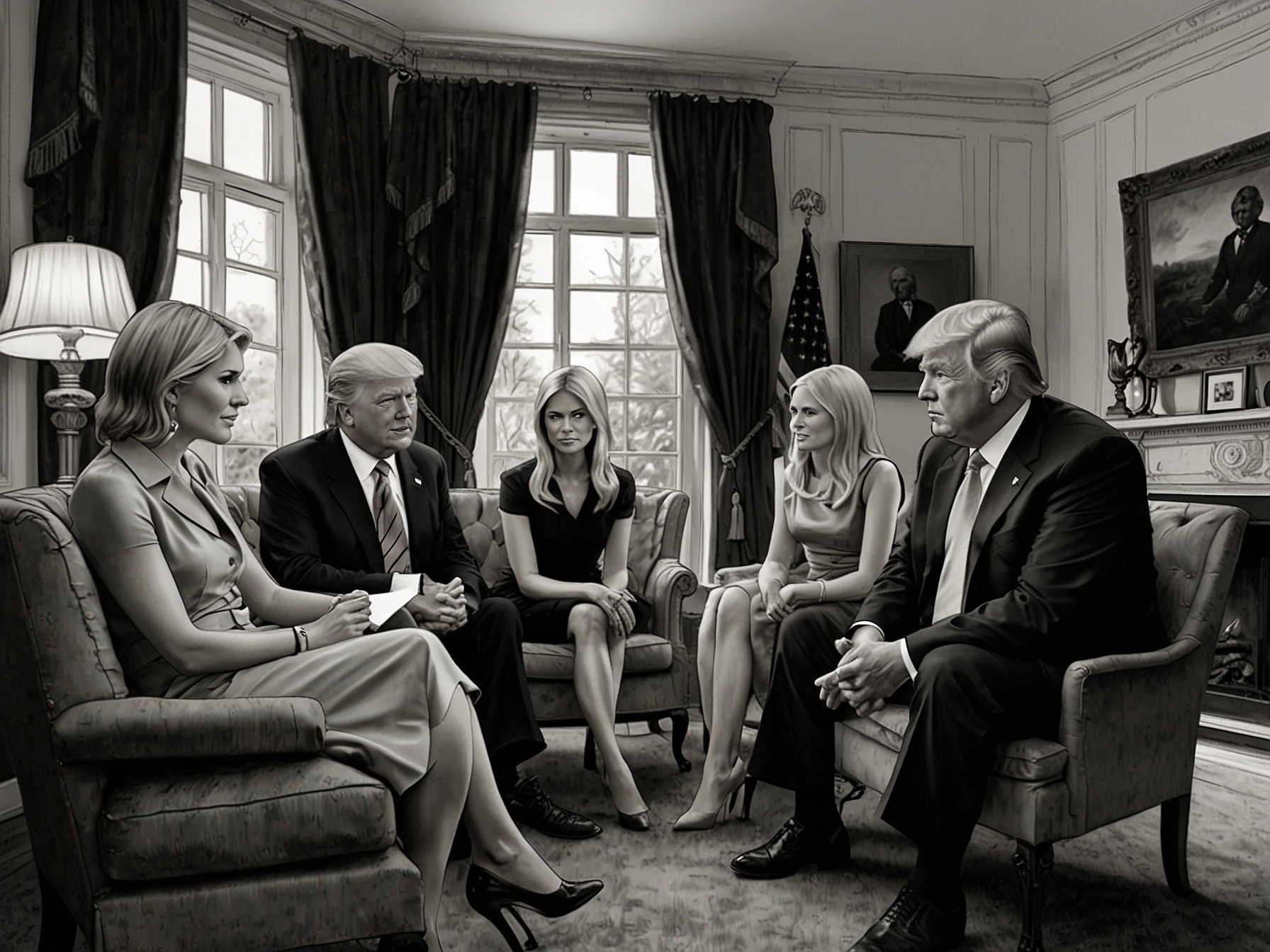 The Trump family sitting together in their living room, discussing the importance of voting and civic responsibility, highlighting family values.