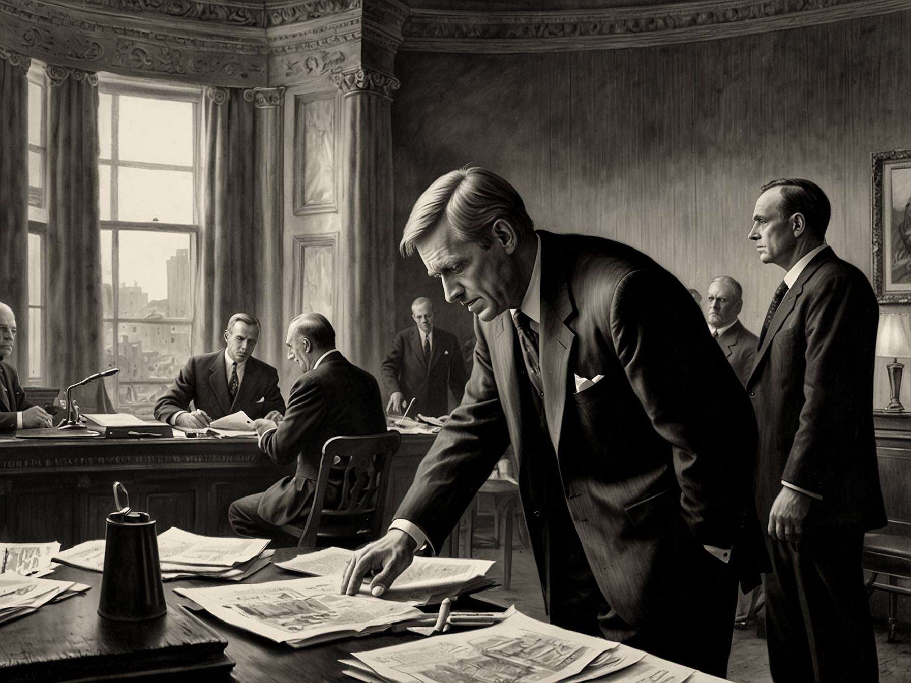 A historical depiction of the economic depression during Cleveland's second term, highlighting the challenges he faced in leadership and his responses to the crisis.