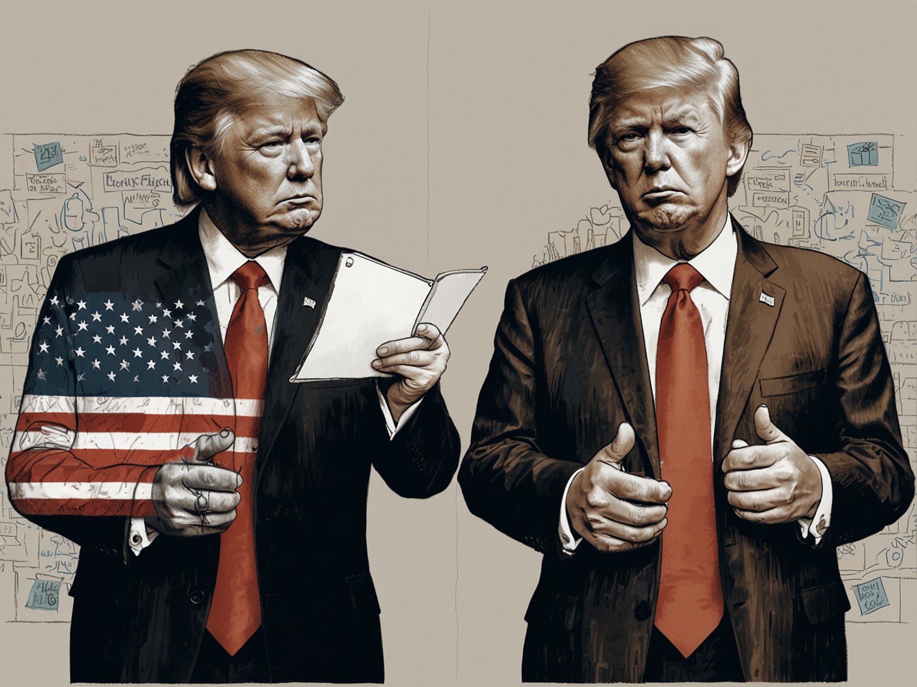 A split-screen image showing Trump using social media platforms, contrasting traditional media approaches, representing modern political communication in his campaign.