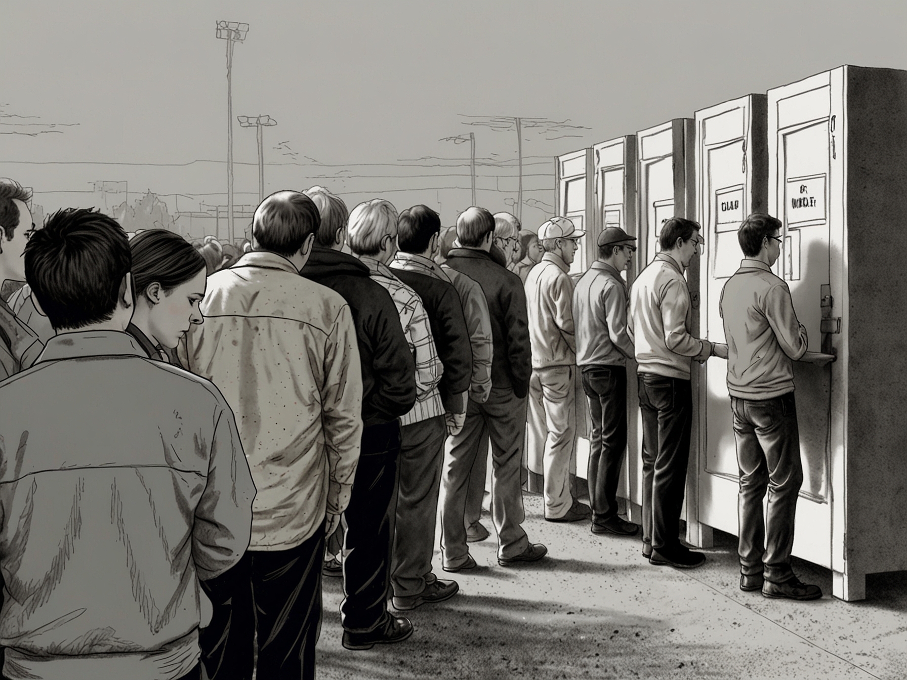 A crowd of voters lined up at polling stations, capturing the high turnout driven by emotional connections and the desire for change this election cycle.